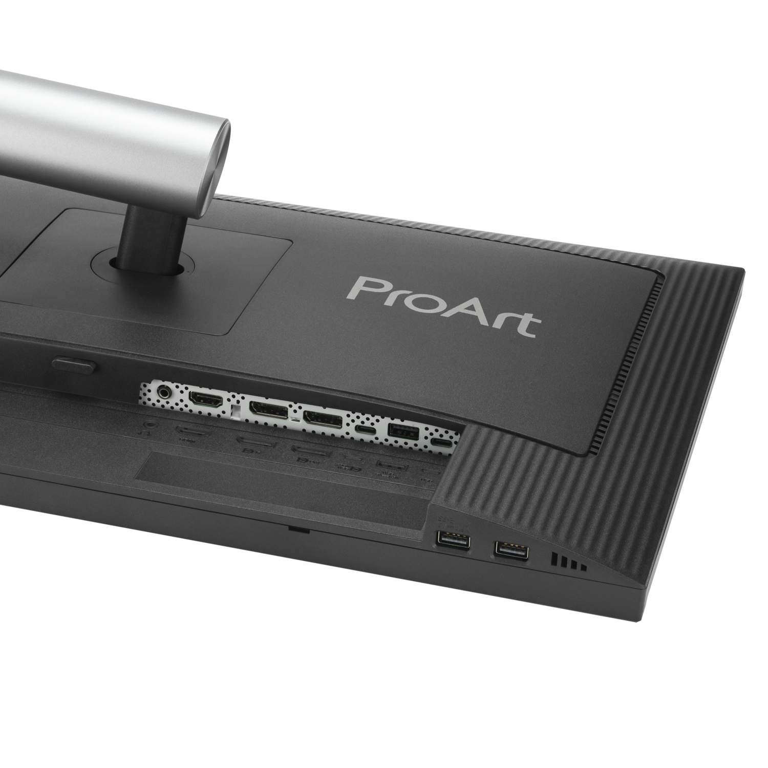 Close-up of the back of a black ProArt monitor with input ports and a stand.