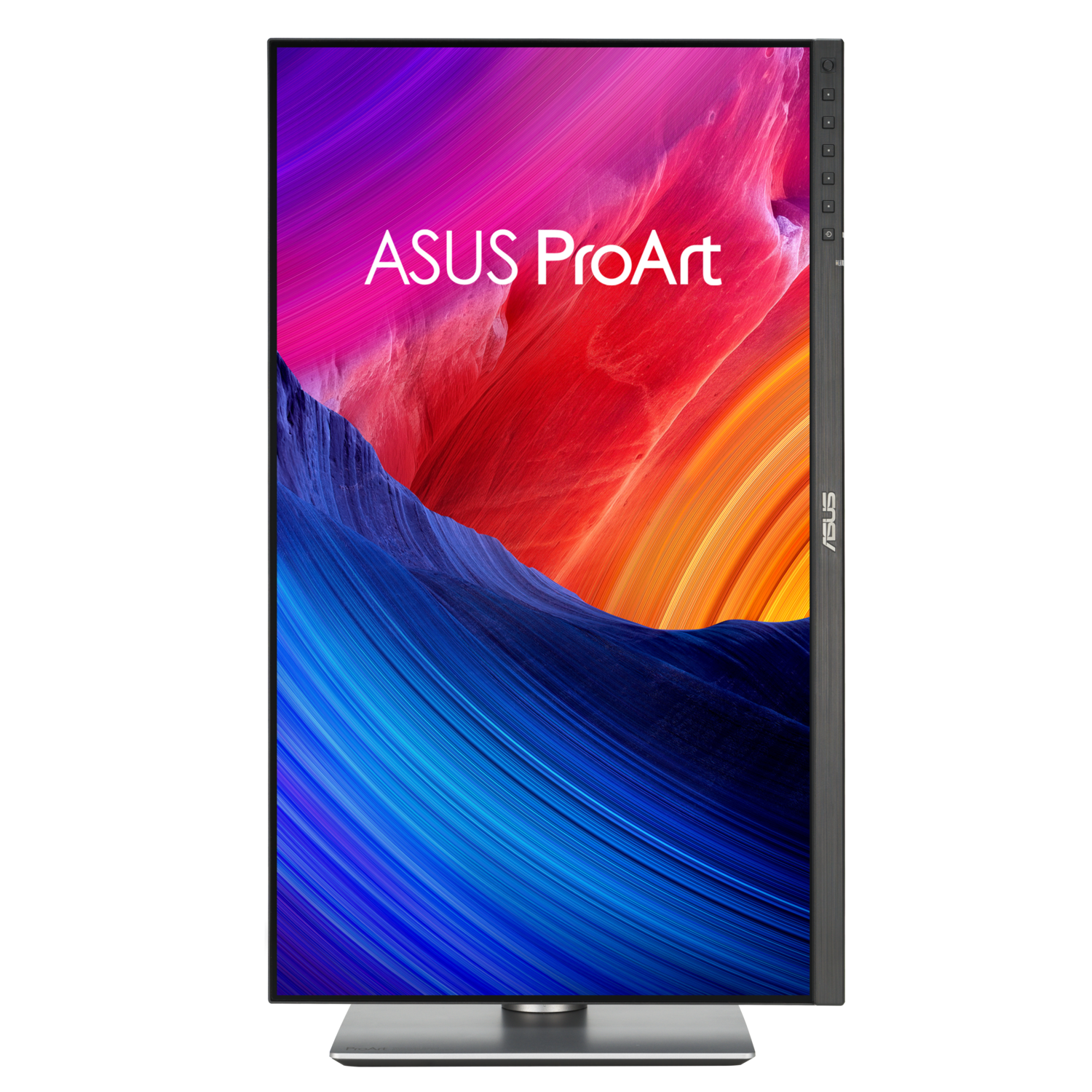 A black and dark grey computer monitor. The screen shows a colorful image with ASUS ProArt text.