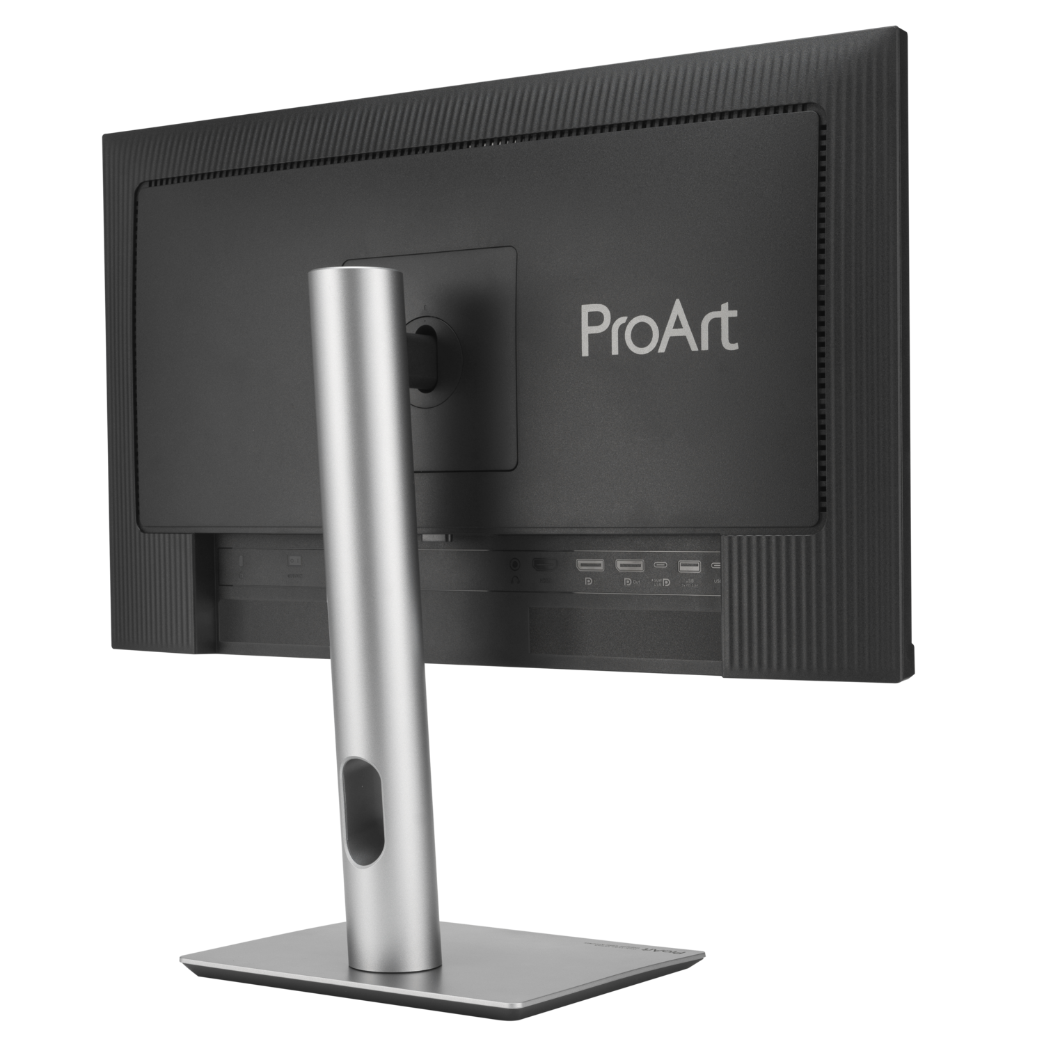 Computer monitor rear view, silver stand, and ports on black back.