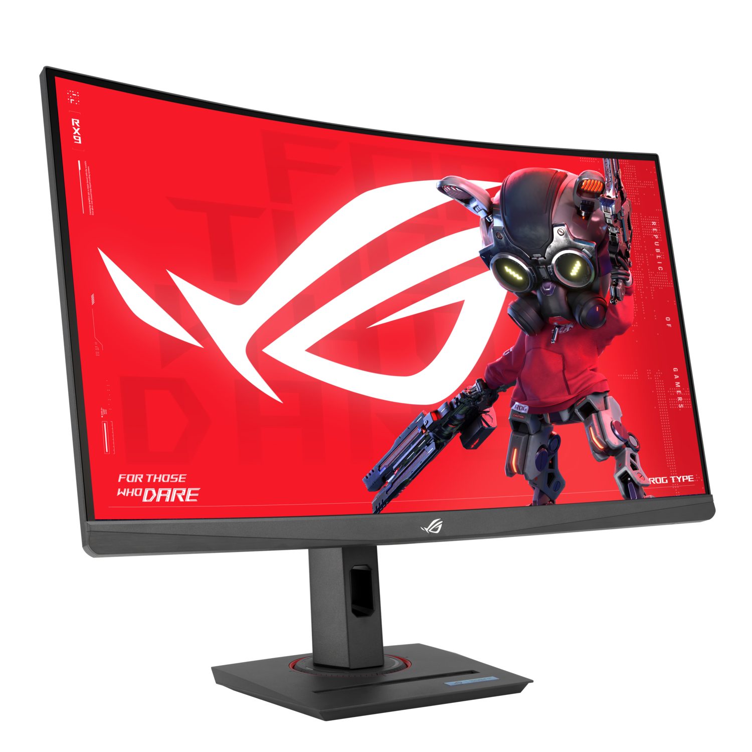 Gebogen gamingmonitor met rode achtergrond, wit logo en robotkarakter met wapen.