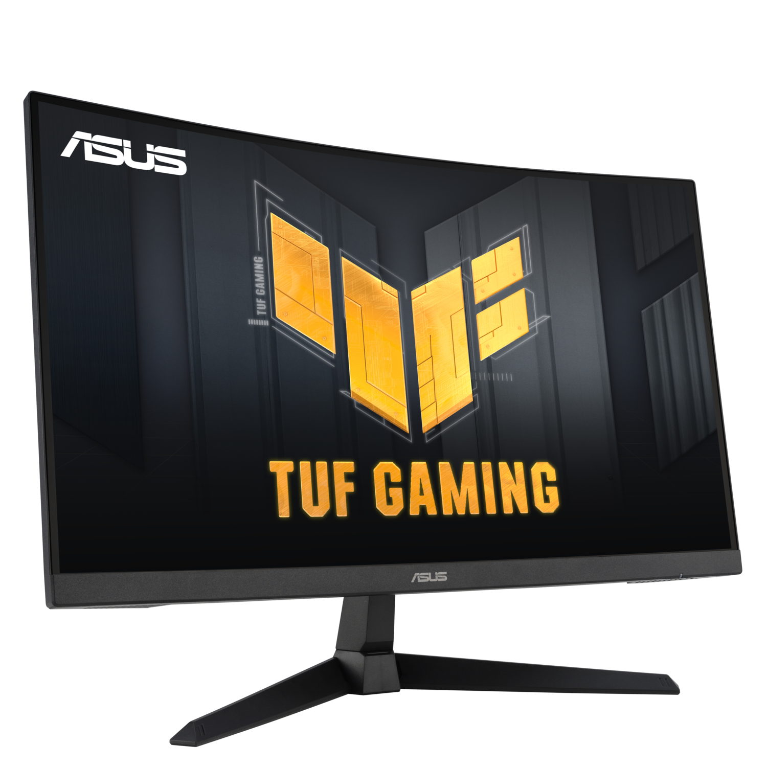 Gebogen gamingmonitor met zwart frame, zwarte standaard en TUF GAMING logo op het scherm.