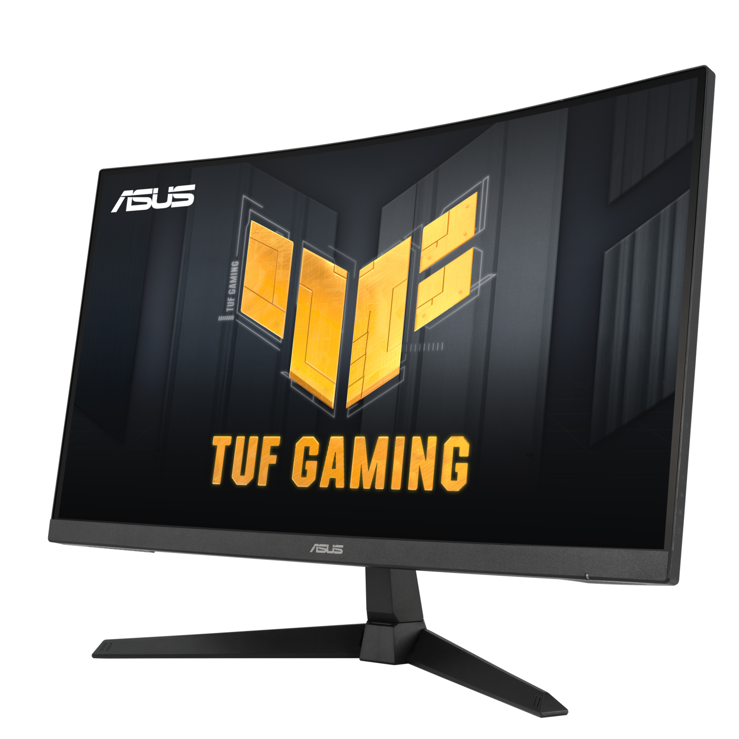 Gebogen ASUS TUF gaming monitor. Zwarte voet, TUF GAMING logo op scherm.