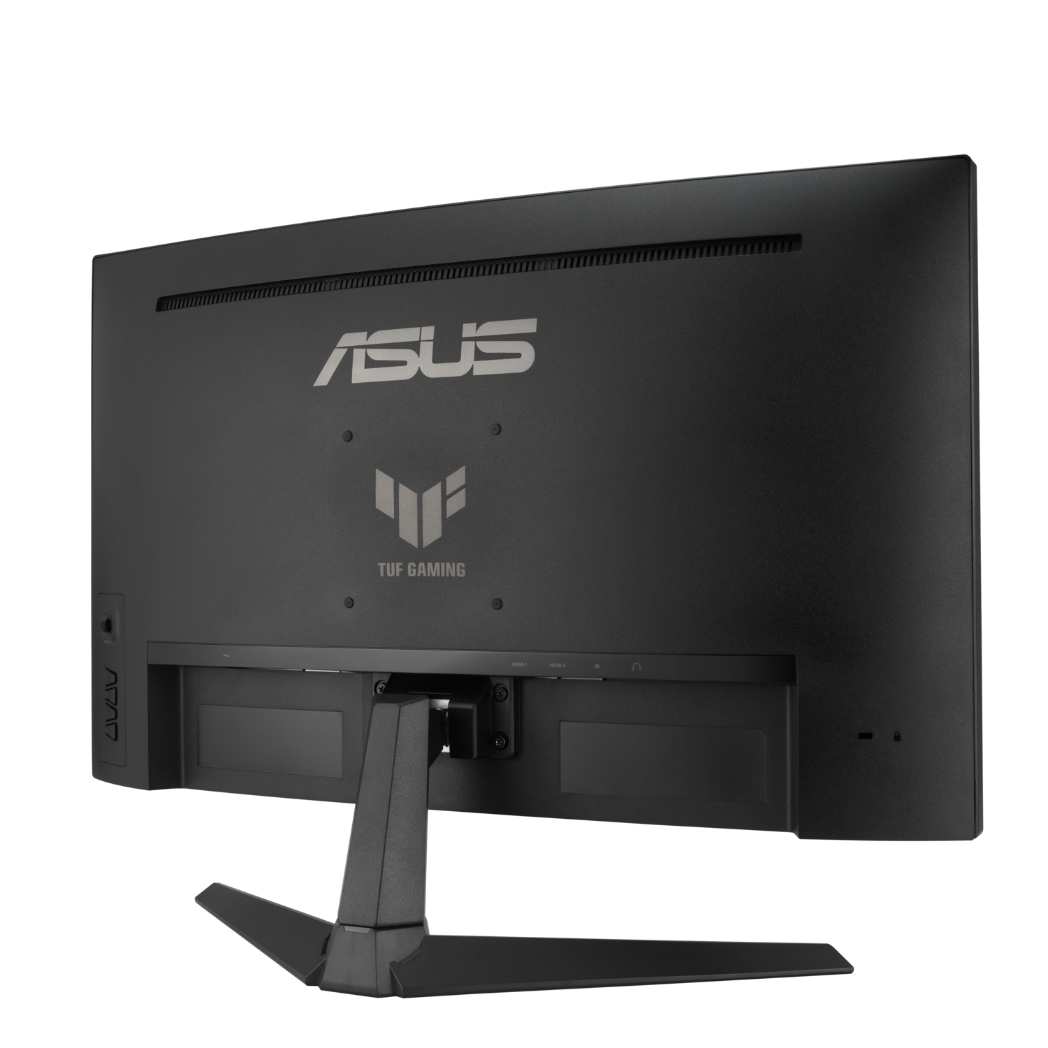 Achteraanzicht van een zwarte monitor met het ASUS-logo en het TUF Gaming-embleem. Zwarte standaard.