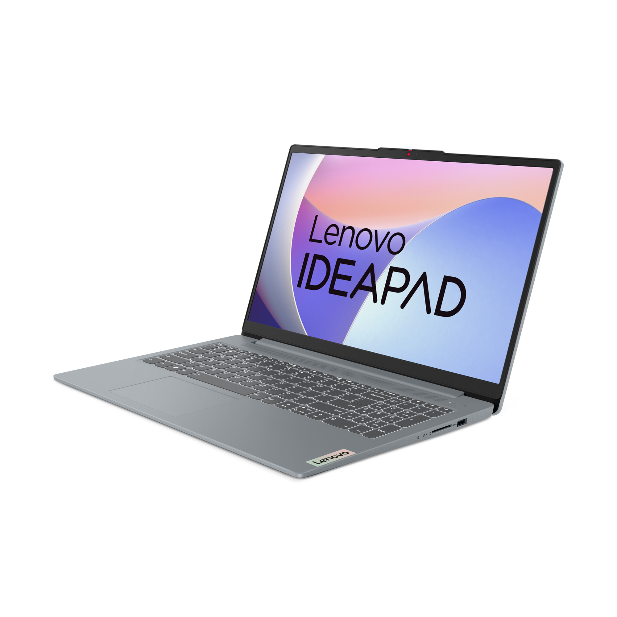 Silbernes Lenovo IdeaPad Laptop auf schwarzem Hintergrund. Display zeigt farbenfrohe Grafik.