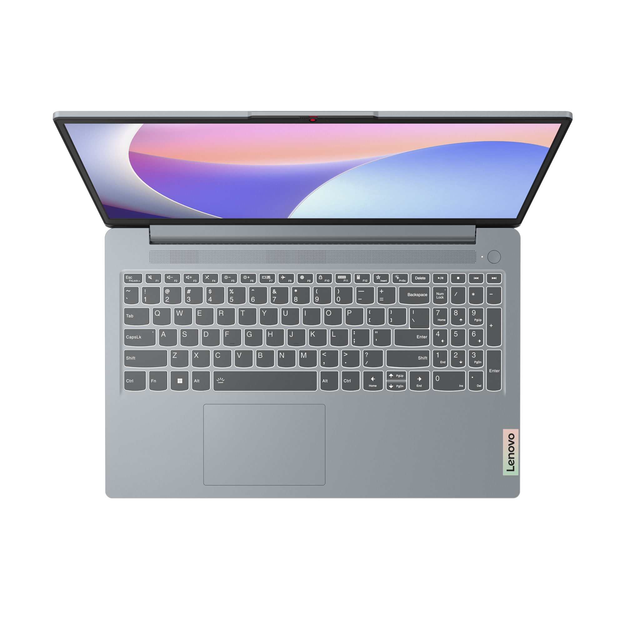 Offener grauer Laptop auf schwarzem Hintergrund. Tastatur sichtbar. Lenovo-Logo unten rechts.