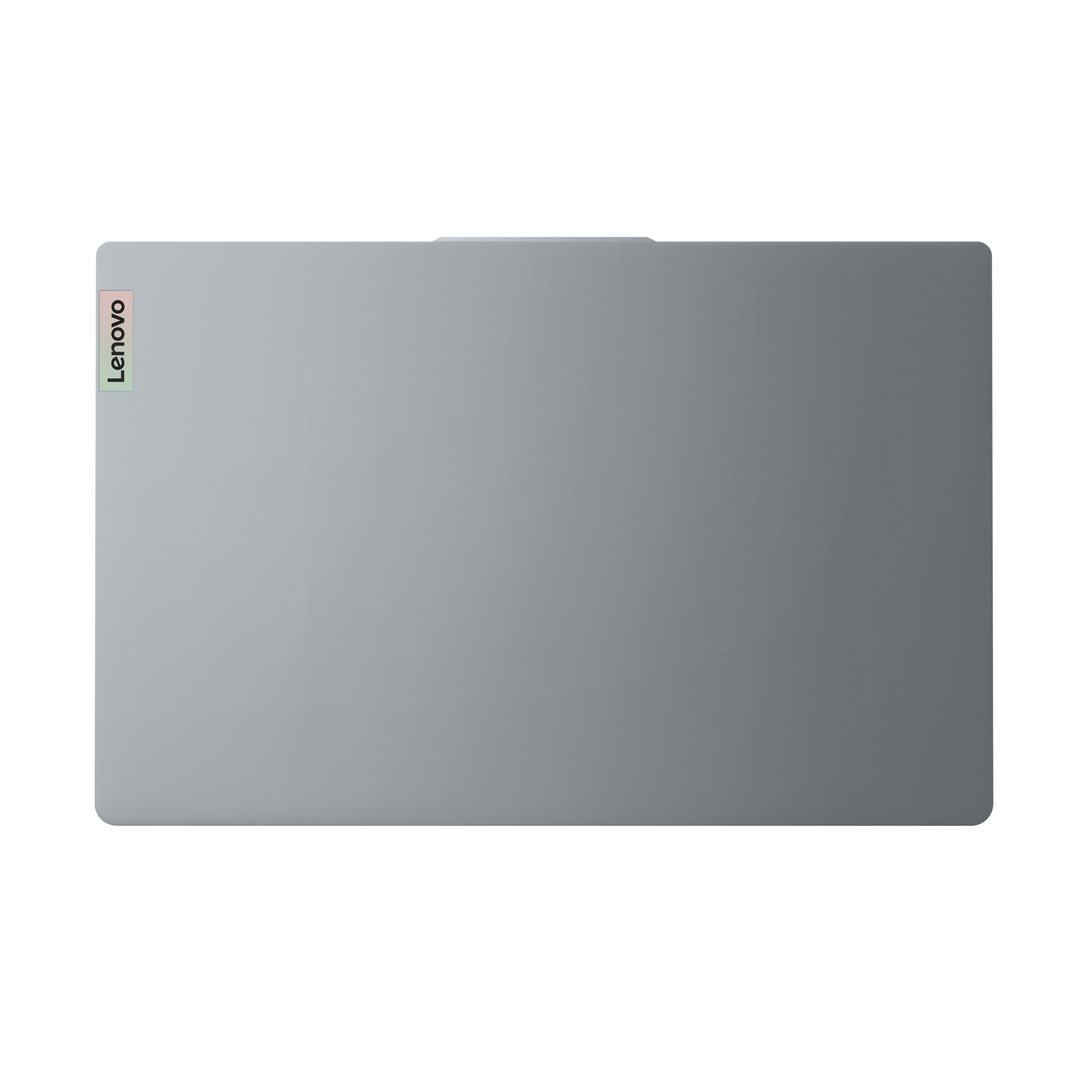 Draufsicht auf einen grauen Lenovo-Laptop vor schwarzem Hintergrund. Das Lenovo-Logo ist sichtbar.