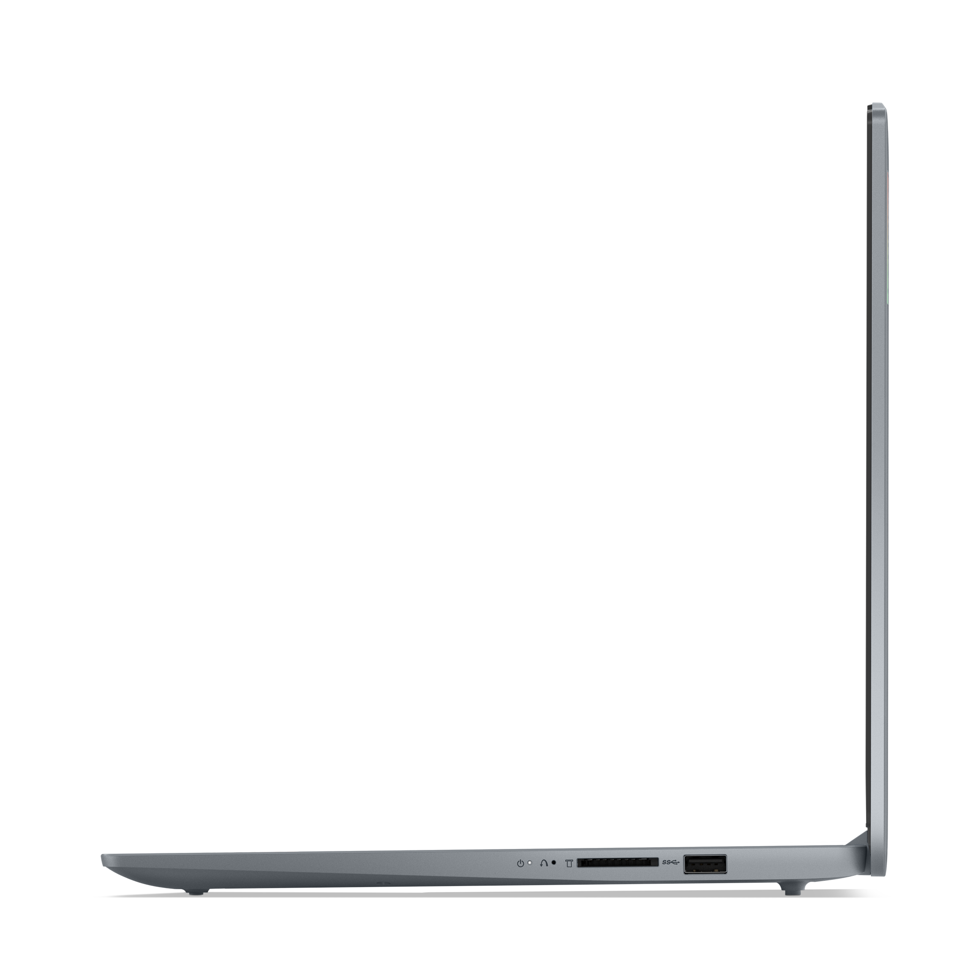 Seitenansicht eines grauen Laptops auf schwarzem Hintergrund, zeigt Anschlüsse und Designdetails.
