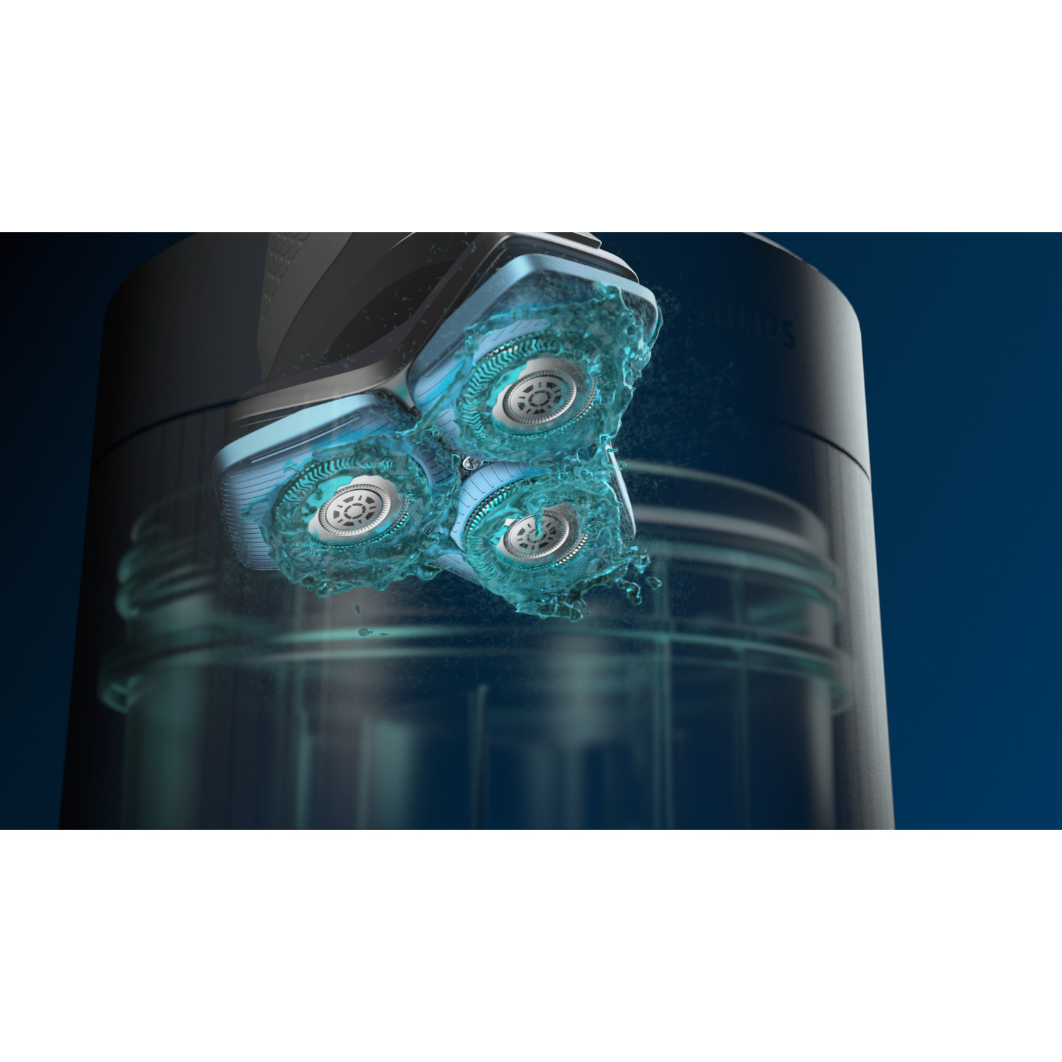 Close-up of a shaver head with three rotating blades with water around them.
