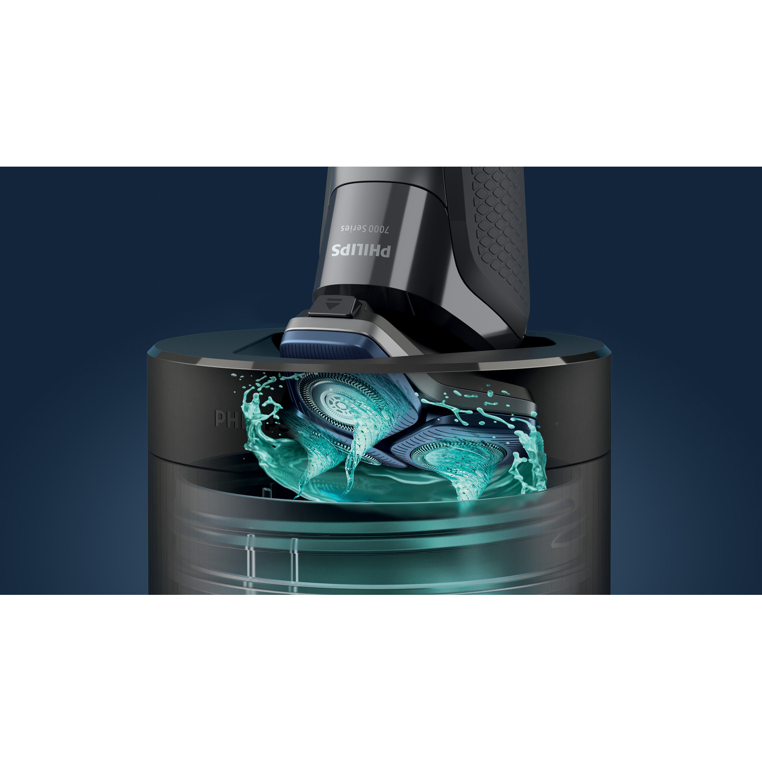 Electric shaver in cleaning station. Blades are immersed in blue liquid.
