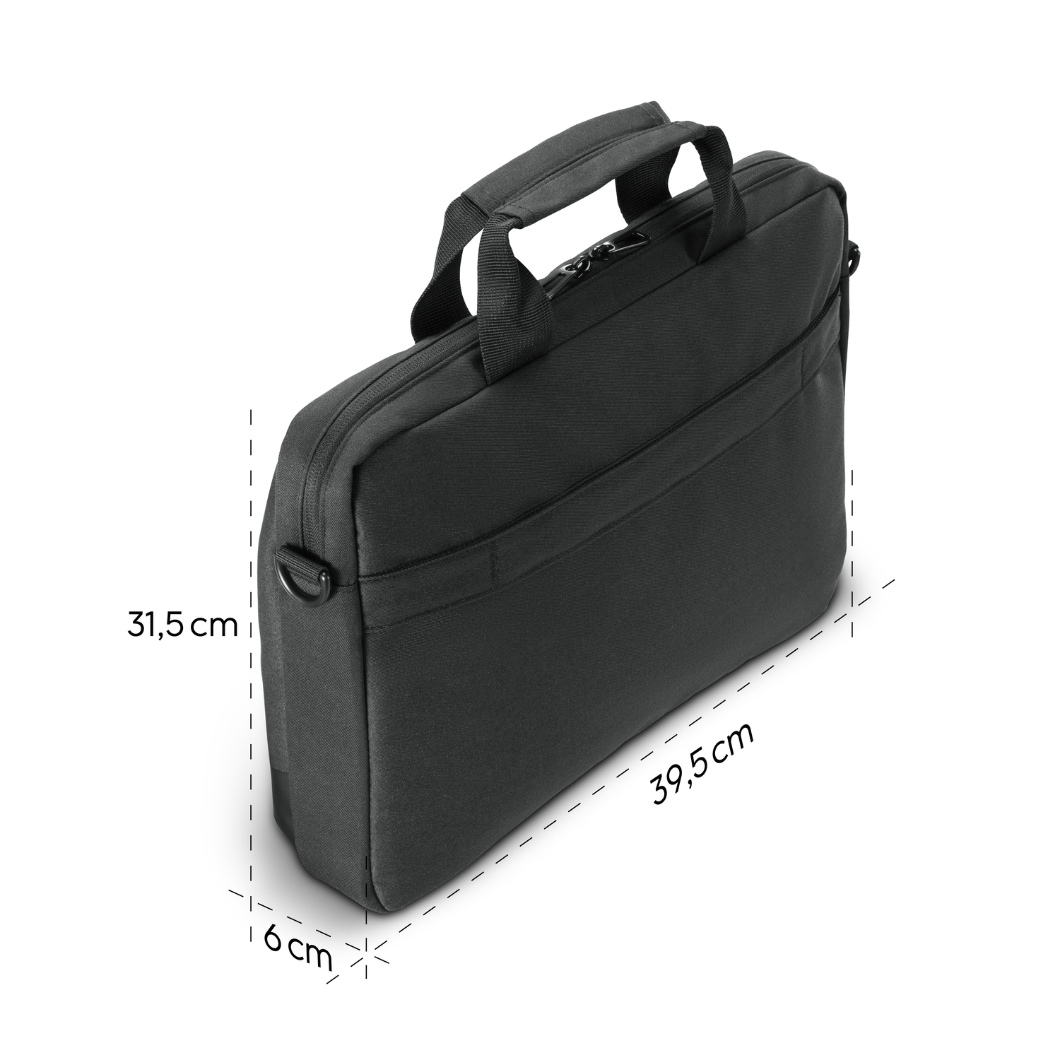 Zwarte aktetas met afmetingen: 31,5 cm hoog, 39,5 cm breed en 6 cm diep.
