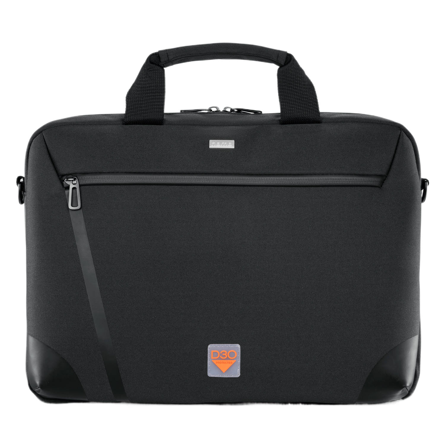 Zwarte DSO aktetas met handvat en ritsvak. Oranje DSO logo rechtsonder.