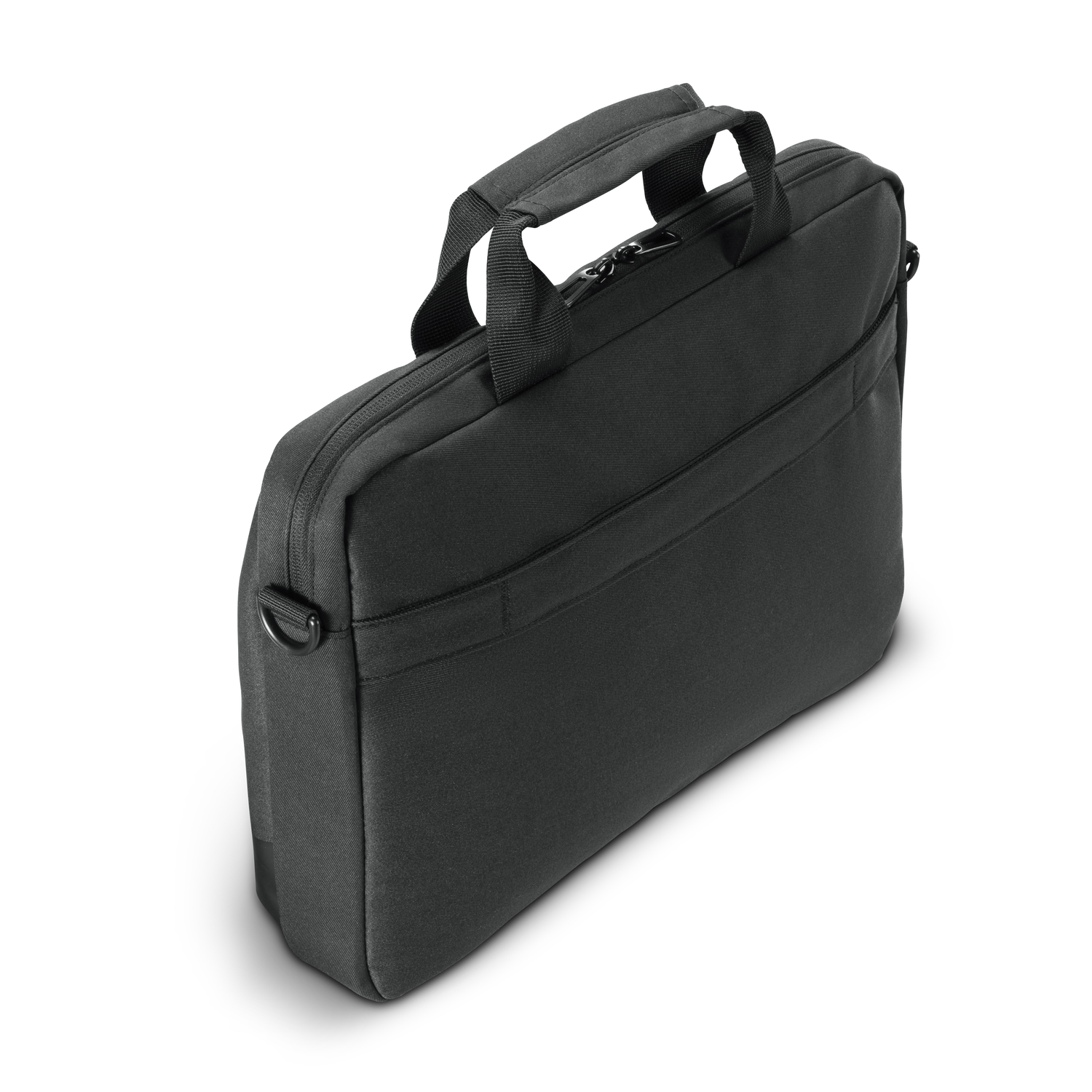 Zwarte laptoptas met handvat en schouderriem, tegen een witte achtergrond.