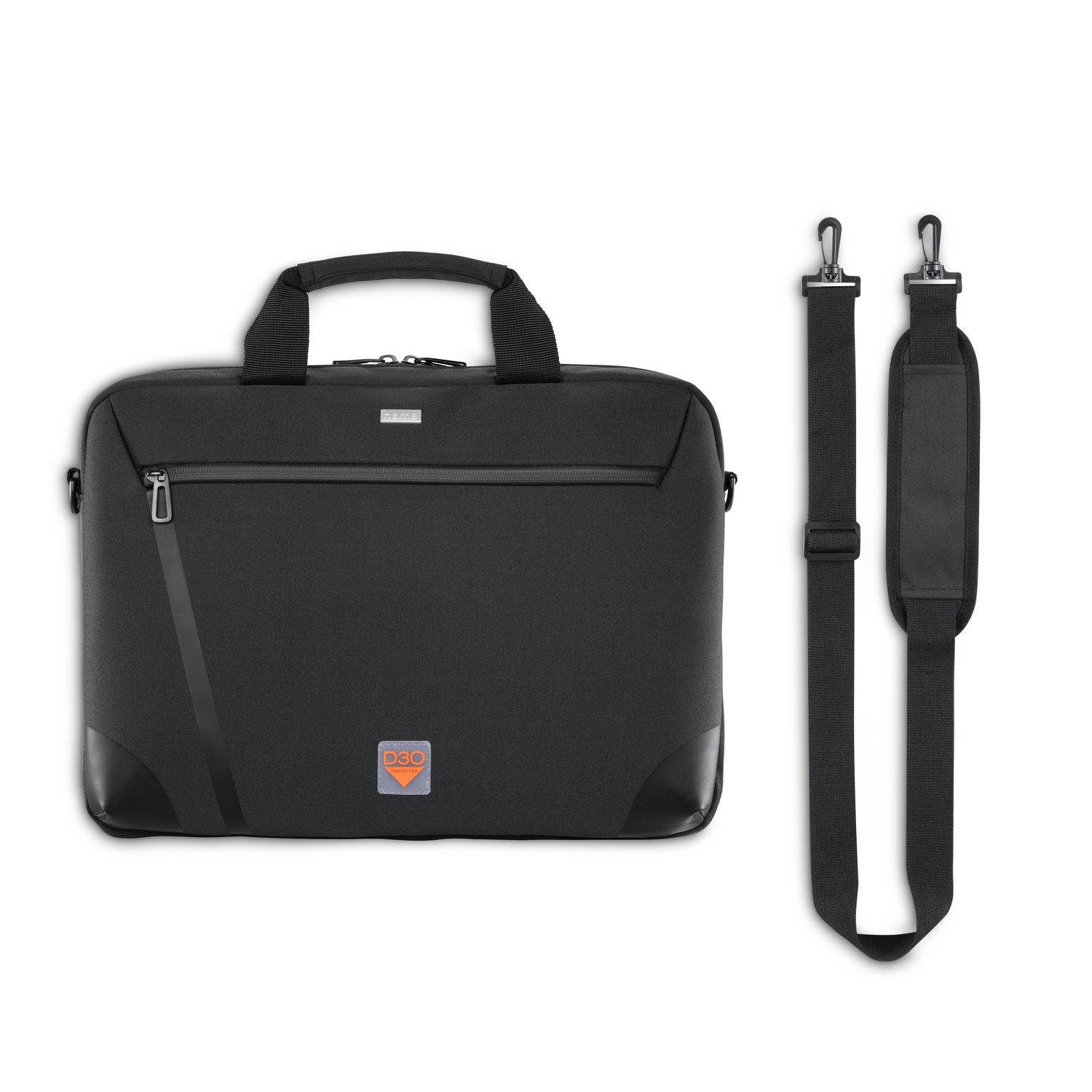 Zwarte laptoptas met een handvat en schouderriem, en een klein logo. Een riem staat ernaast.