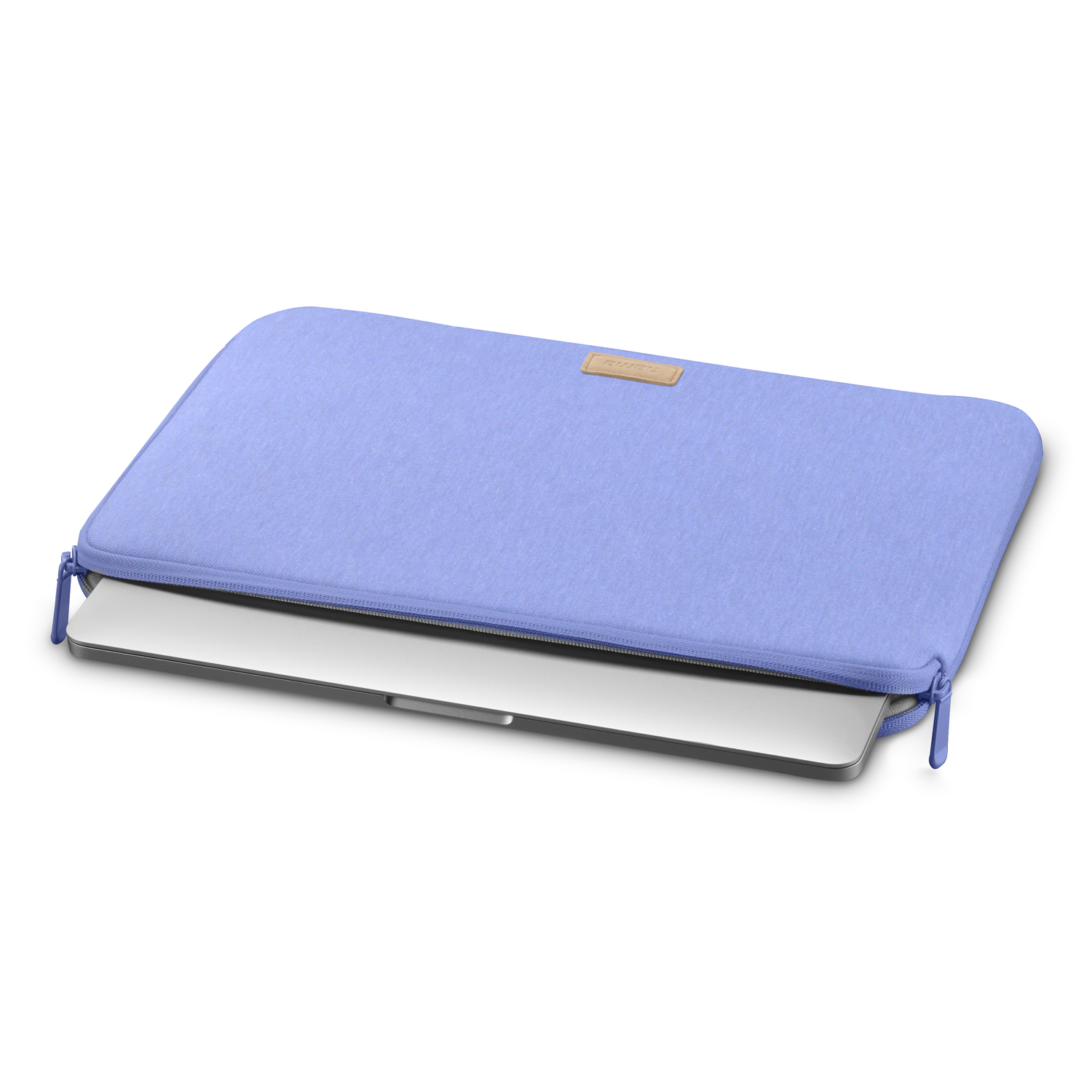 Une housse d'ordinateur portable bleue avec un ordinateur portable à l'intérieur. La fermeture éclair est ouverte.