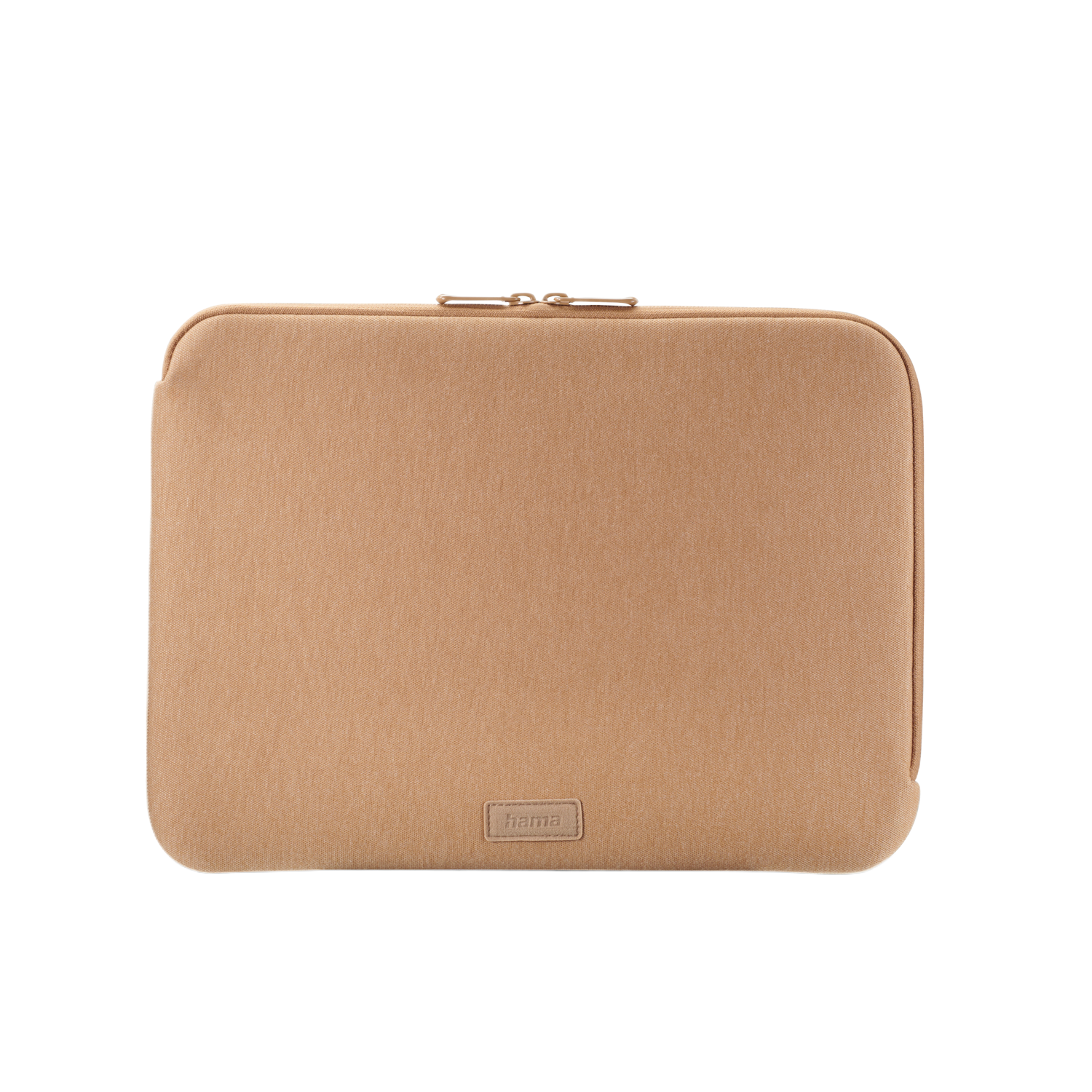 Housse d'ordinateur portable beige avec une fermeture éclair. Logo Hama en bas à droite.