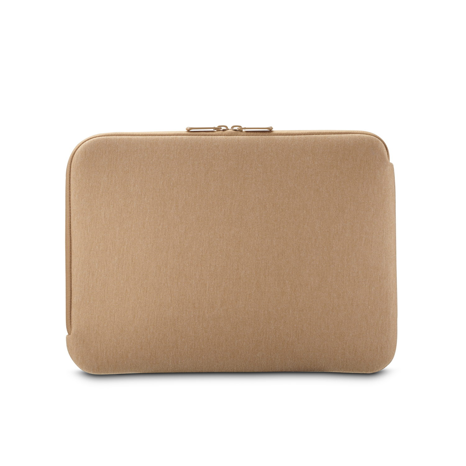 Une housse beige pour ordinateur portable avec une fermeture éclair dorée.