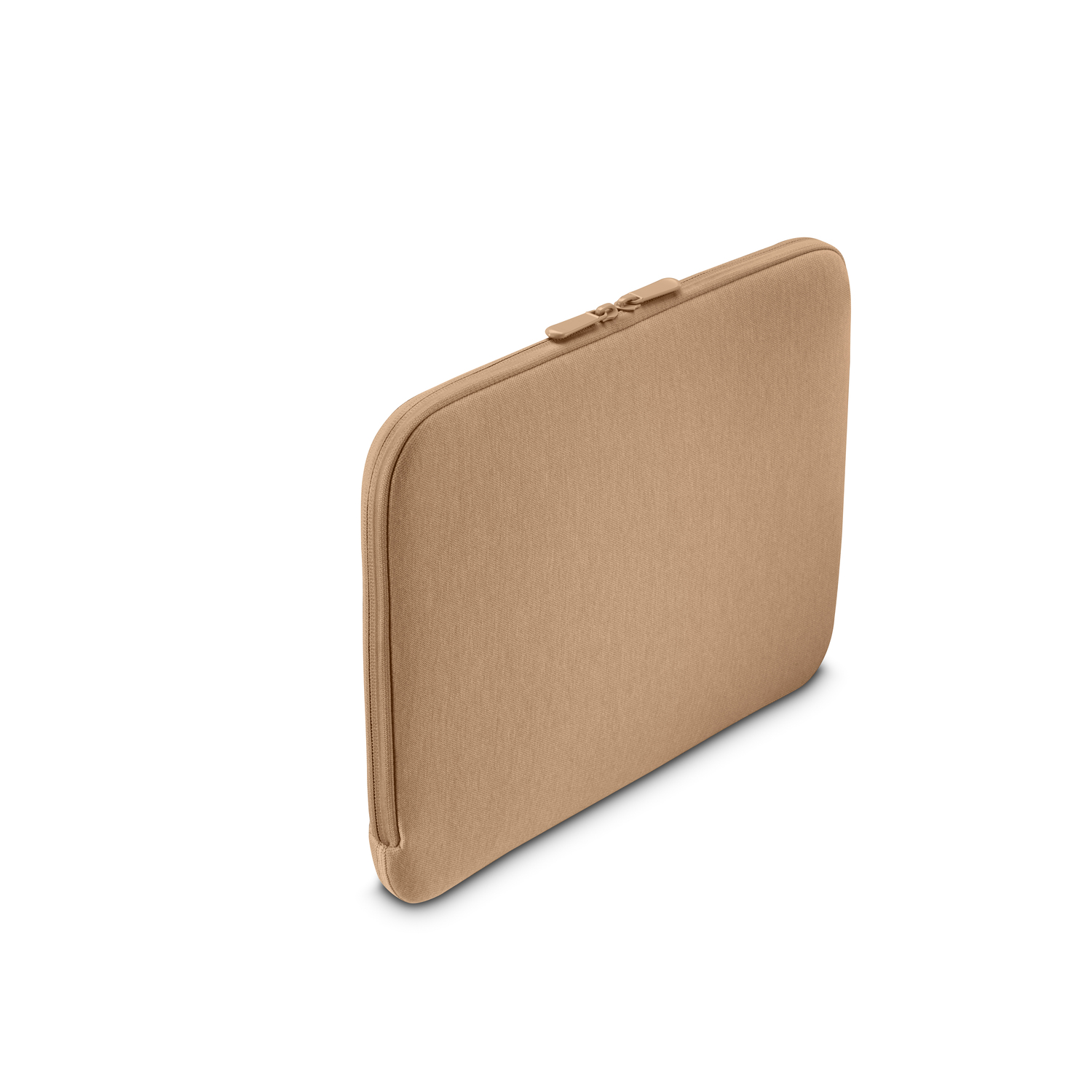 Housse d'ordinateur portable beige avec une fermeture éclair. La housse est sur fond blanc, la fermeture éclair en haut.