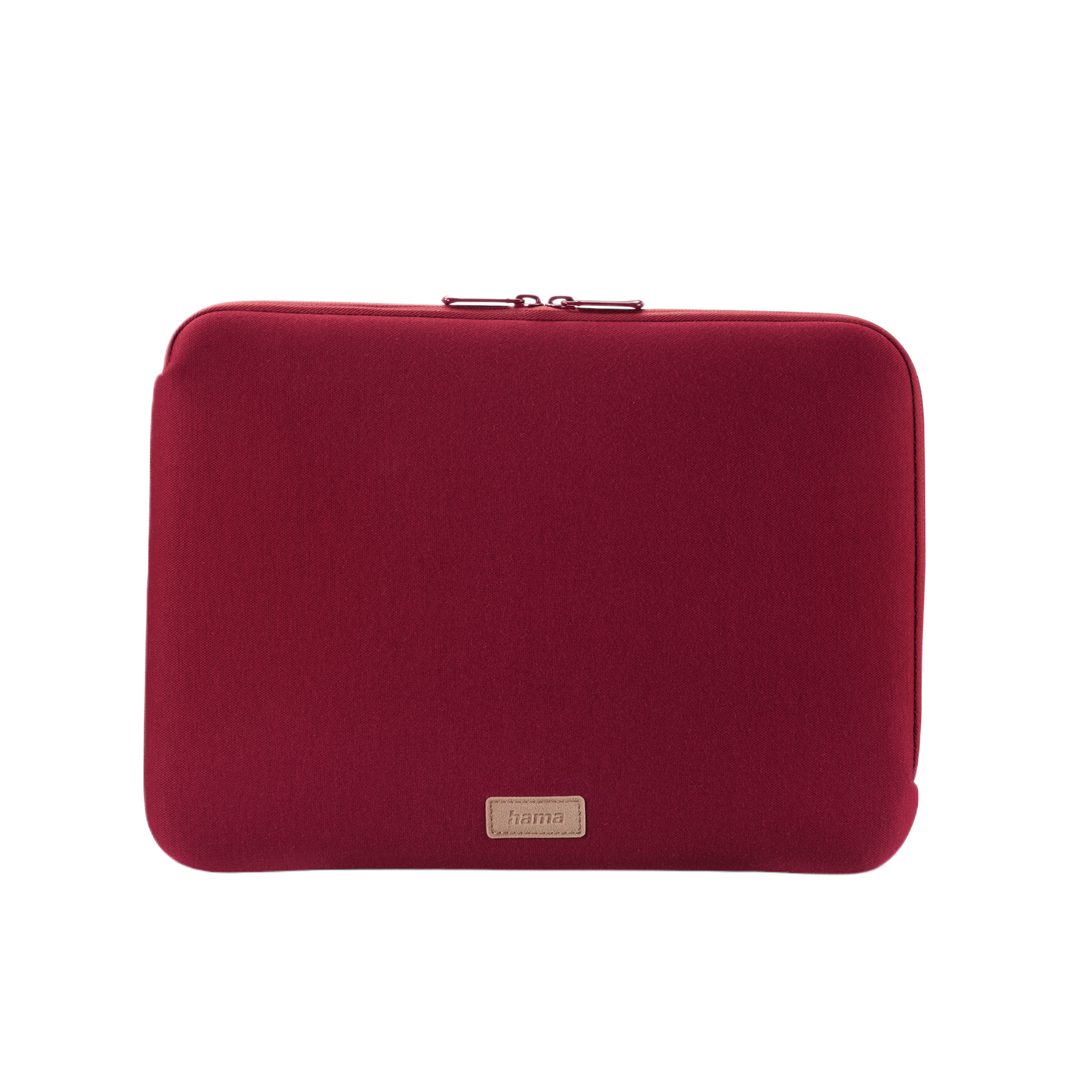 Een bordeaux laptophoes met een rits. De merknaam is Hama.