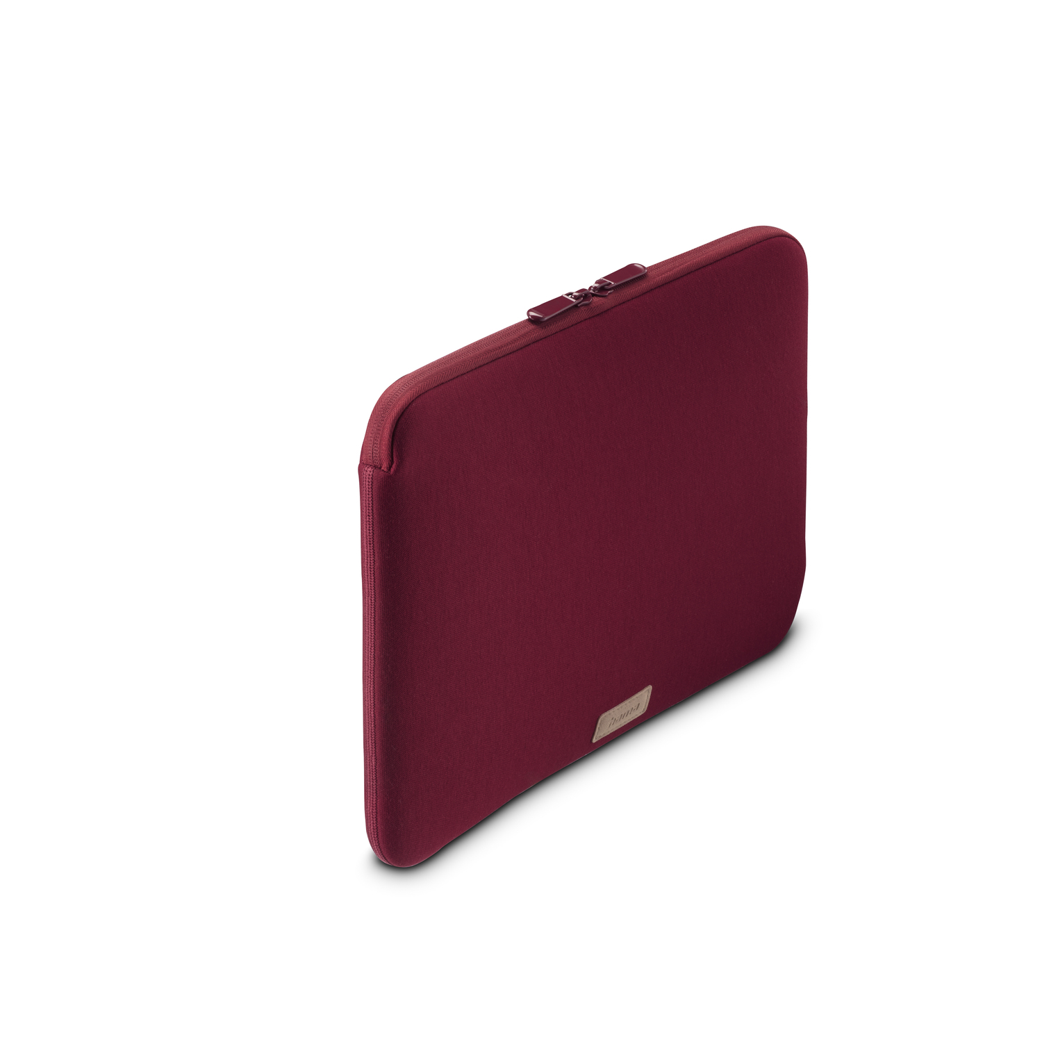 Rode laptoptas, bruin label, gesloten rits.
