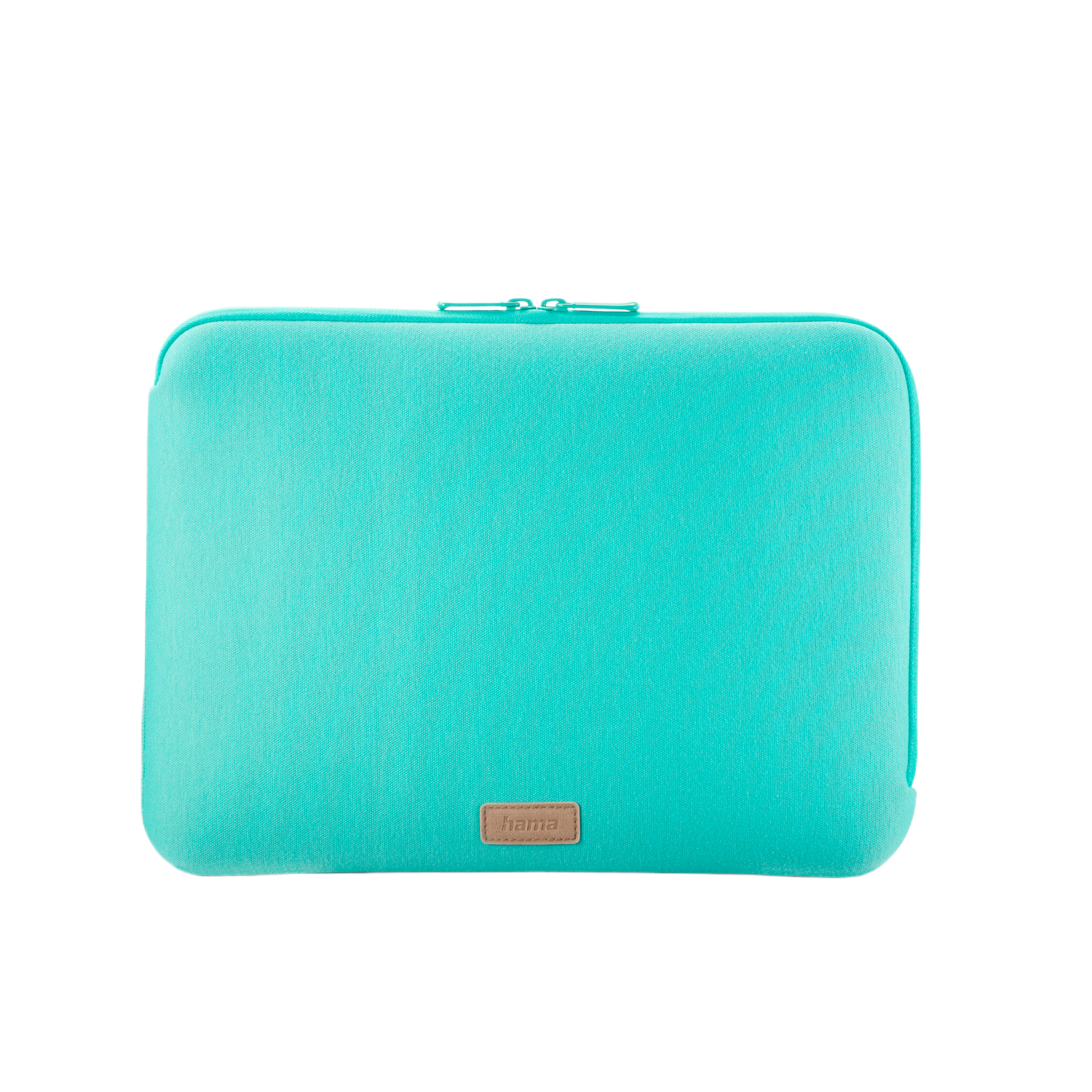 Une housse d'ordinateur portable turquoise avec une étiquette marron 'hama'.