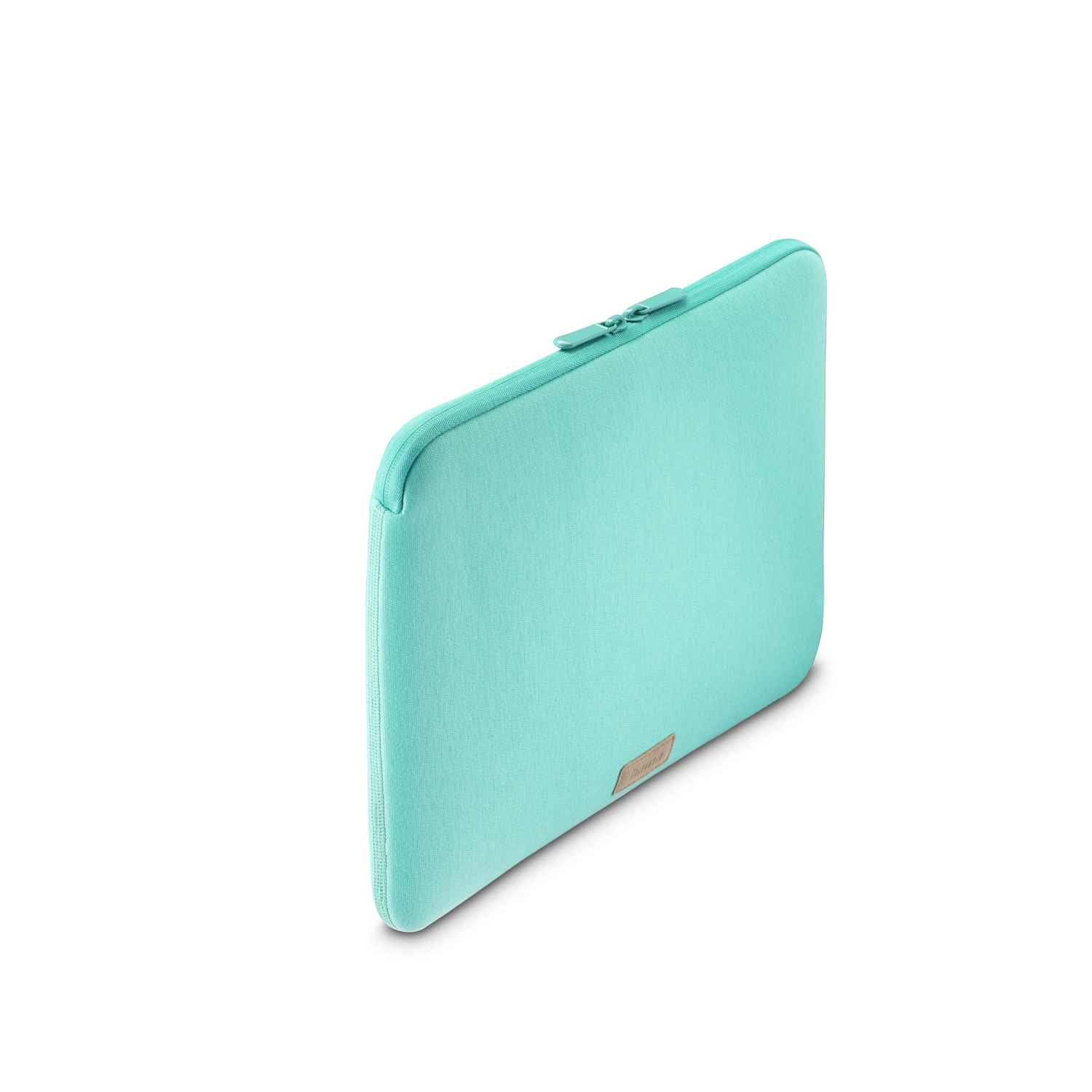 Une housse d'ordinateur portable turquoise avec une fermeture éclair. La housse est sur fond blanc.