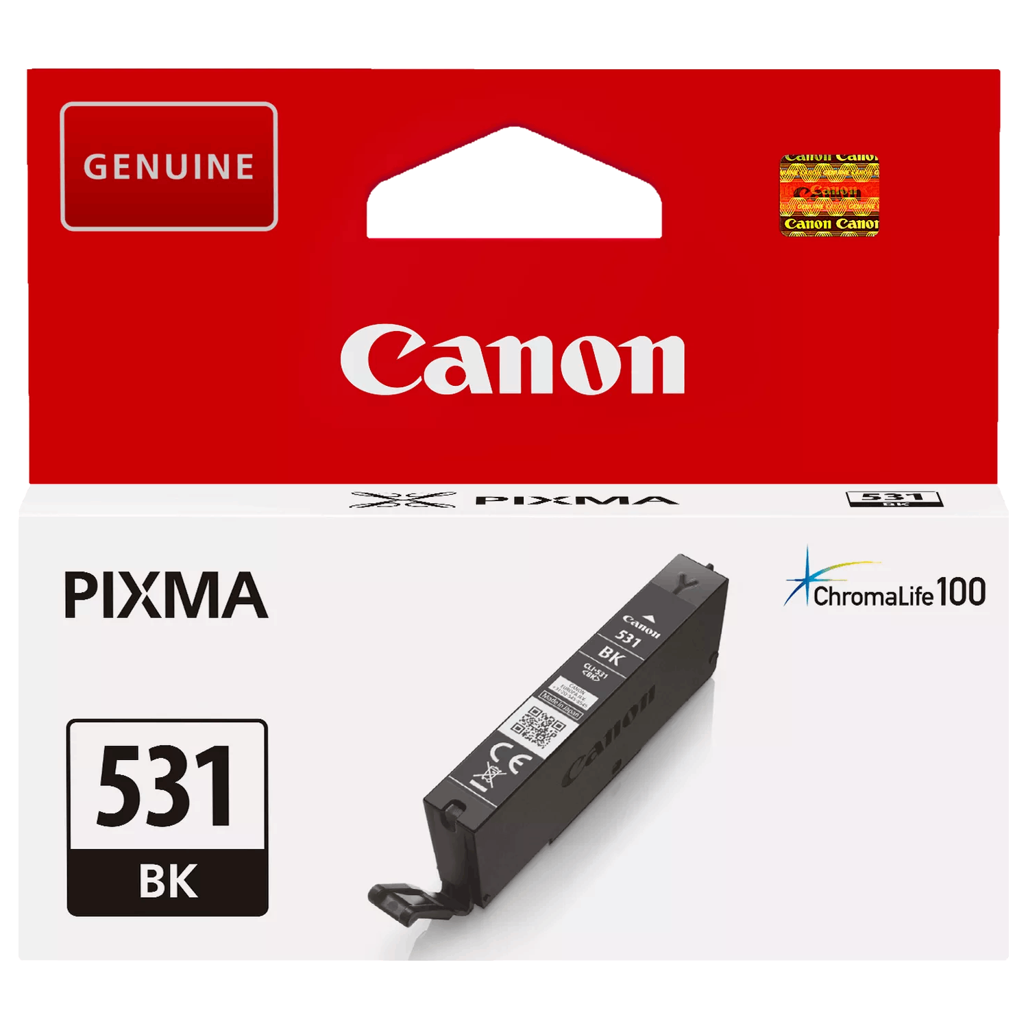 Canon inktcartridge doos, rood en wit, met een zwarte inktcartridge.