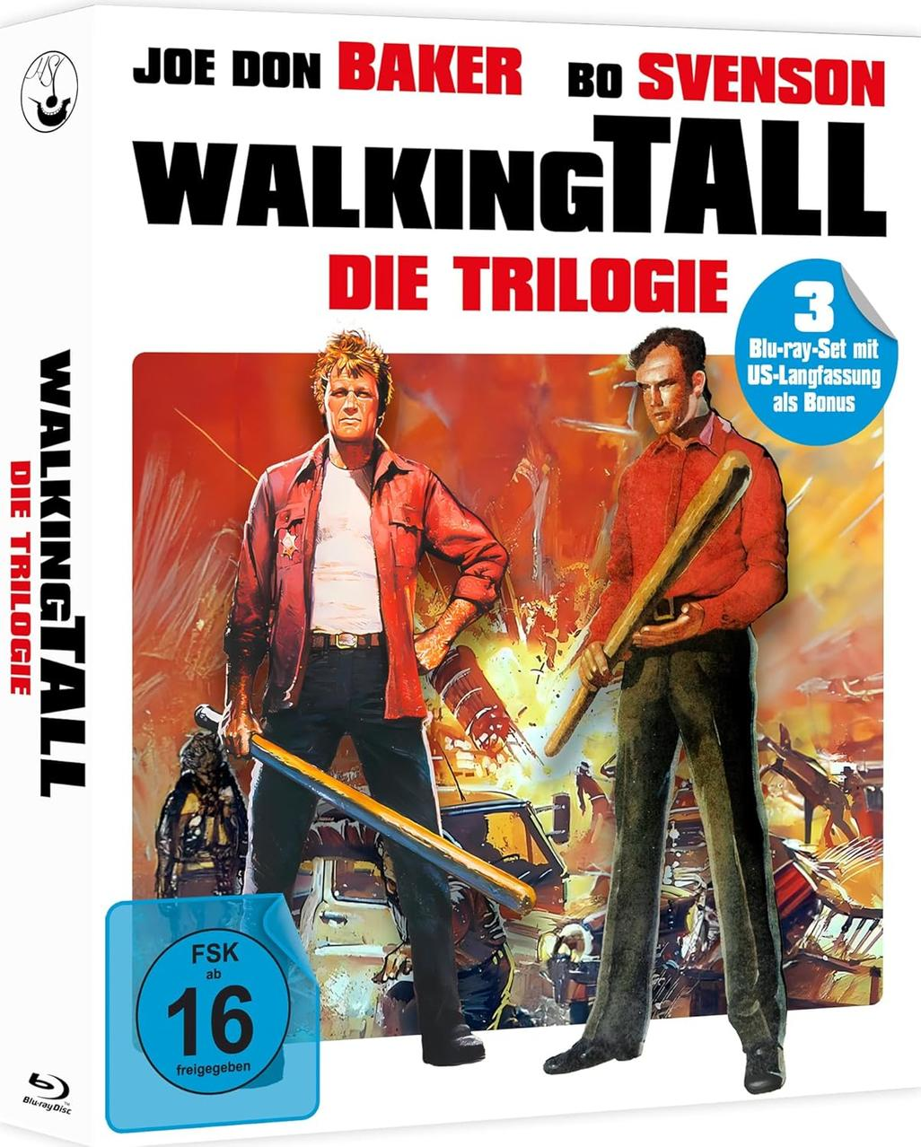 Filmposter. Zwei Männer mit Schlägern stehen vor einer Explosion. Titel: Walking Tall: Die Trilogie.