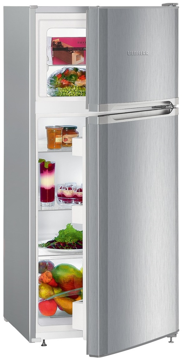 Srebrna lodówka z otwartymi drzwiami ukazującymi zawartość.