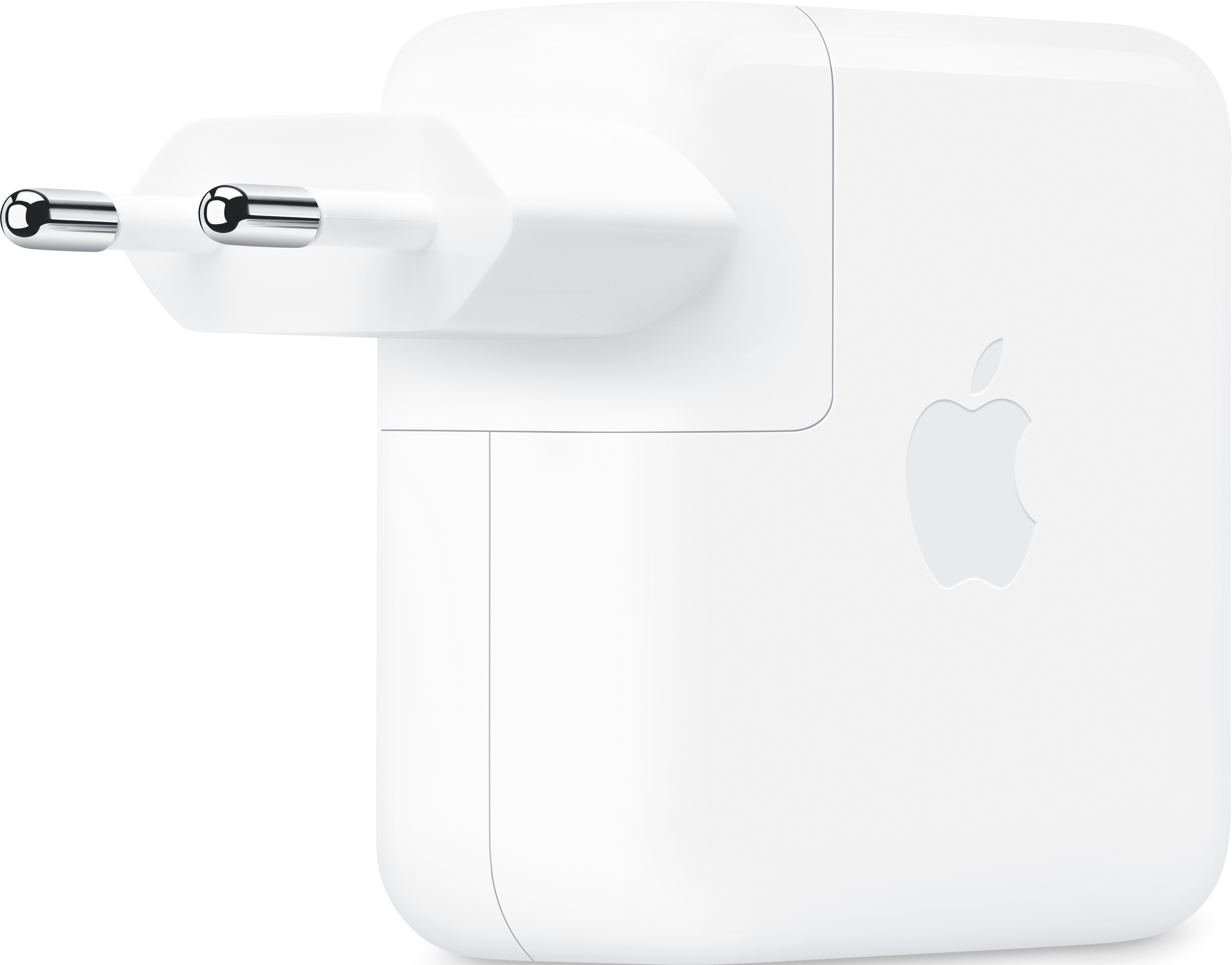 Weißes Apple-Ladegerät mit silbernen Stiften. Weißer Hintergrund.