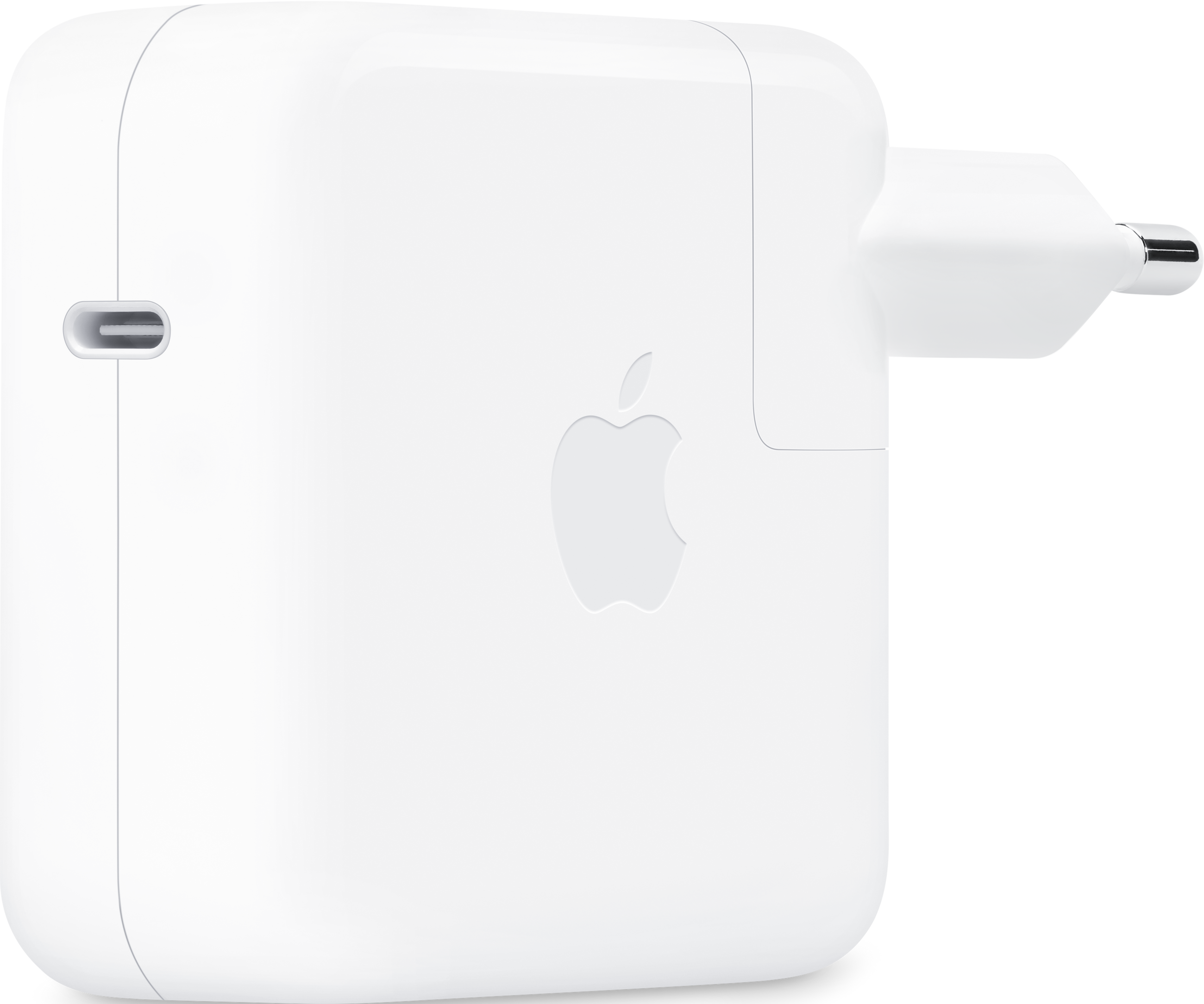 Weißes Apple-Ladegerät mit USB-C-Anschluss und Apple-Logo auf weißem Grund.