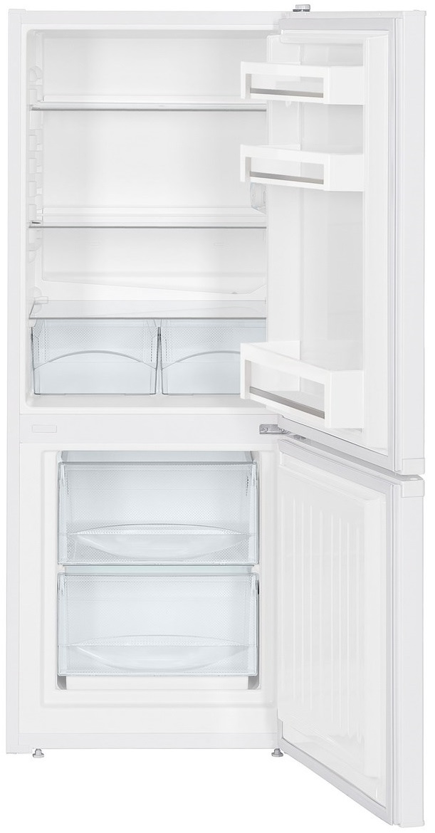 Biała lodówka z otwartymi drzwiami, widoczne półki i szuflady.