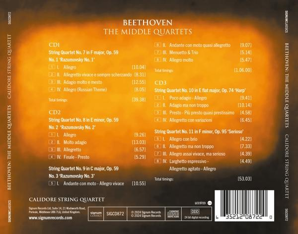 CD-Cover: Beethovens Mittlere Quartette. Text mit Titeln, Künstlern und Spielzeiten. Gold-brauner Hintergrund.