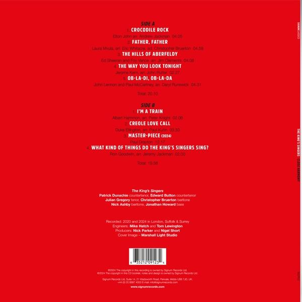 Albumcover mit Titelliste und Credits. Roter Hintergrund.