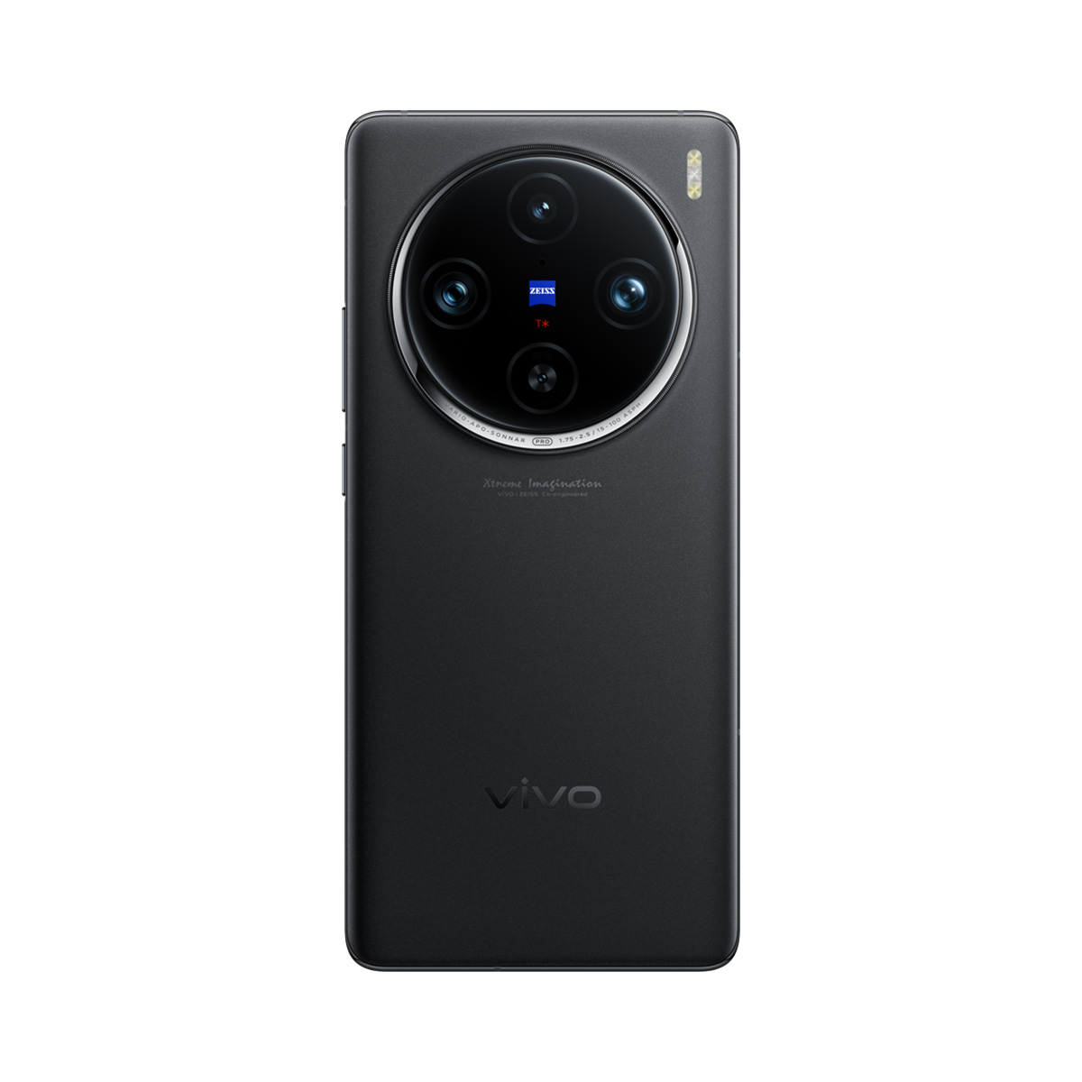 Kamera dizisine sahip siyah telefon. Zeiss logosu ve vivo markası.
