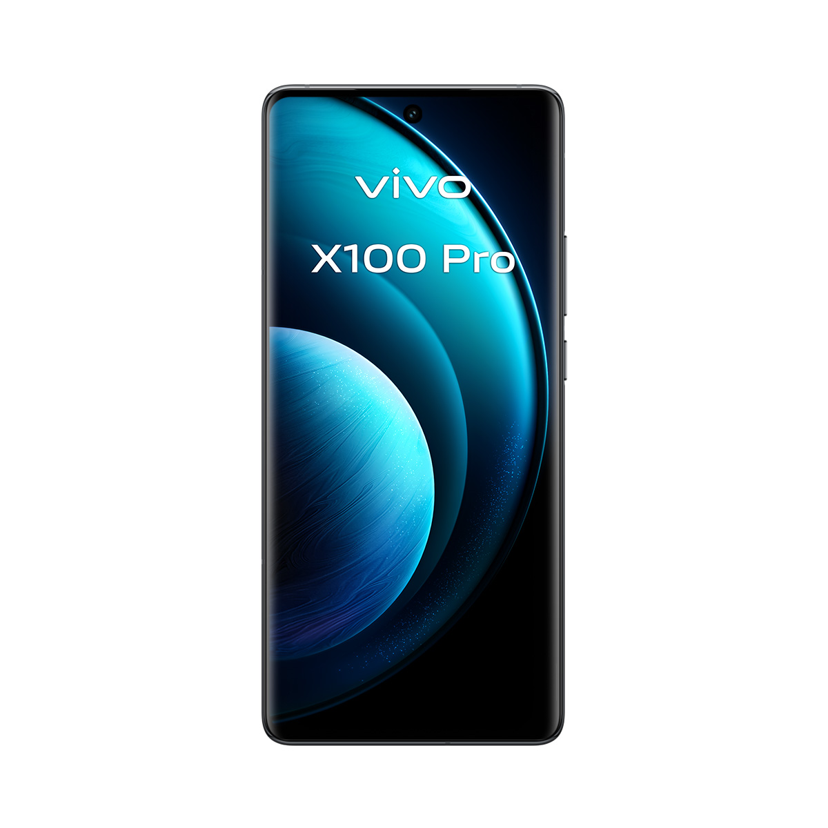 Ekranında mavi gradyan arka planı olan akıllı telefon. Metin: vivo X100 Pro.