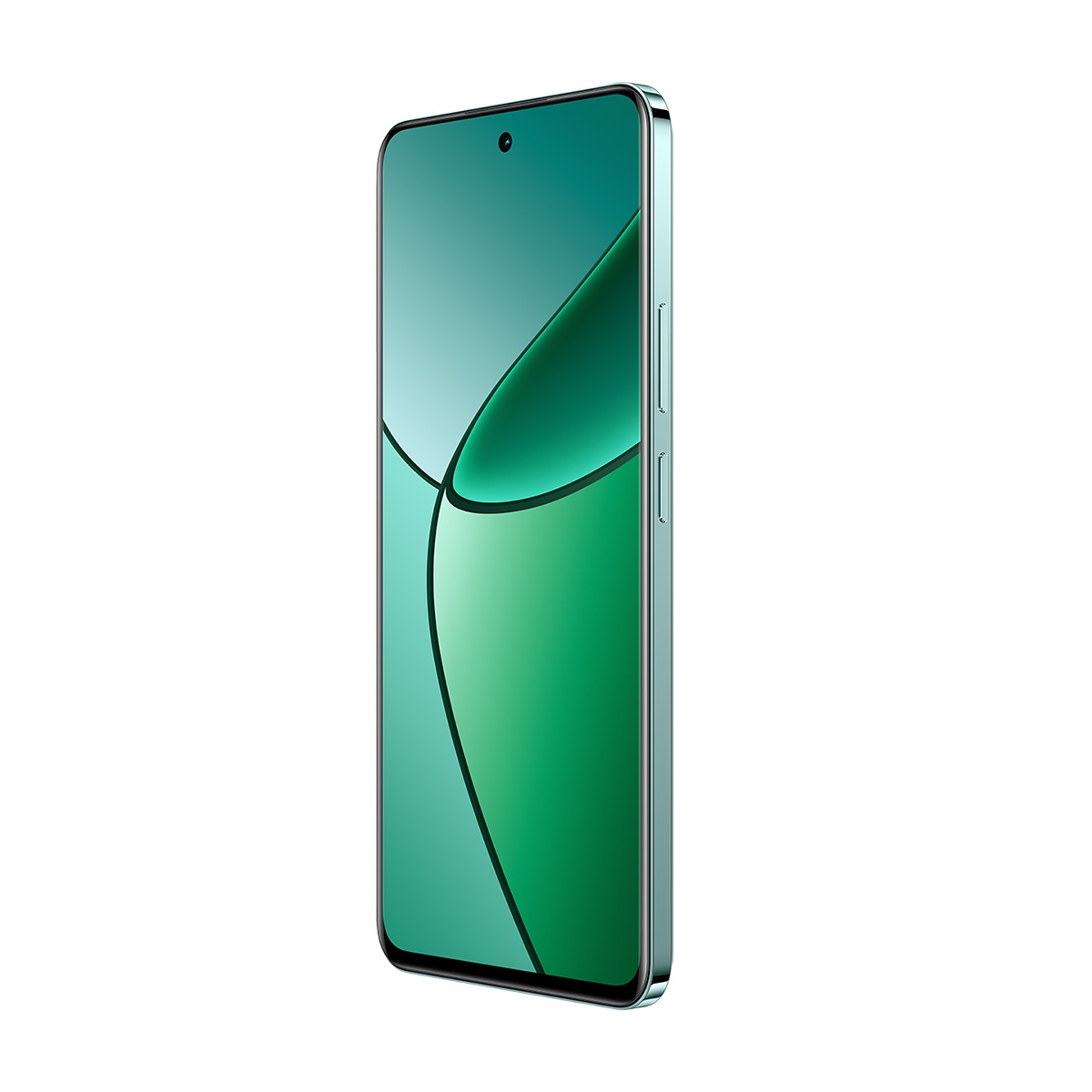 Yeşil akıllı telefon. Telefon, kavisli bir ekran ve bir kamera merceği ile incedir.