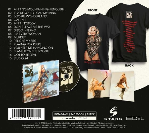 Albumcover mit CD und T-Shirts, die den Musikkünstler Cascada bewerben.