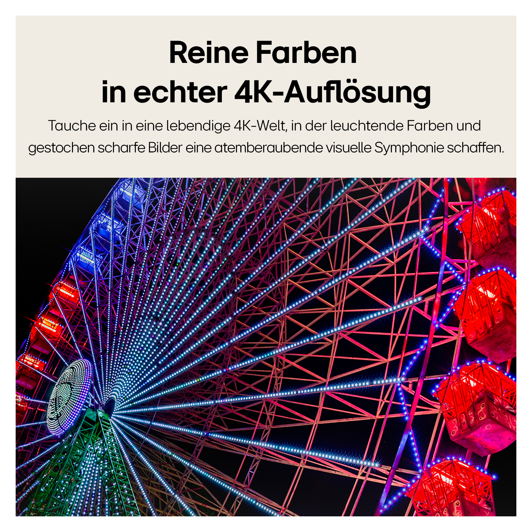 Riesenrad bei Nacht mit bunten Lichtern, in einem 4K-Auflösungsbild.