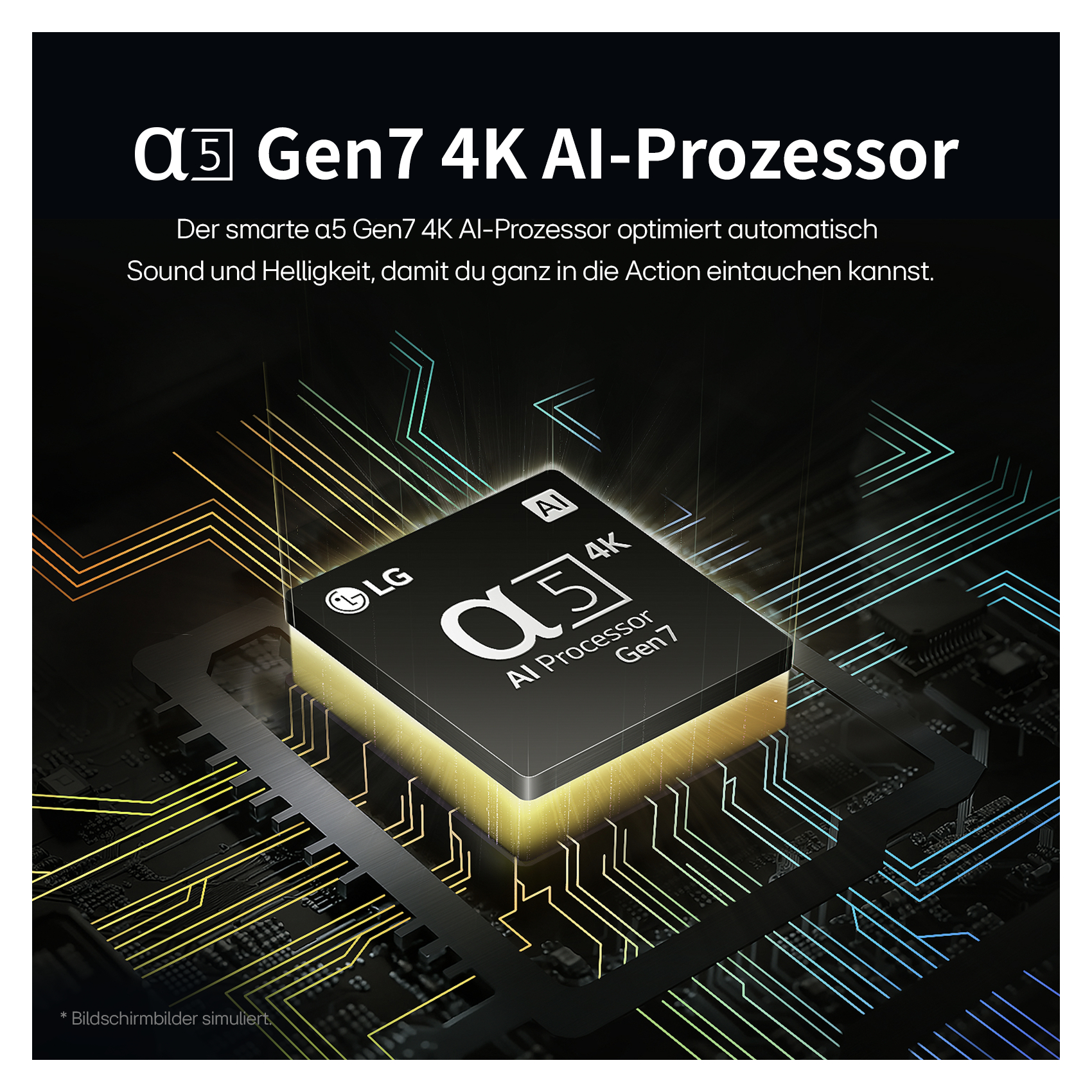 Das Bild zeigt einen schwarzen Prozessor mit dem LG-Logo. Der Text überlagert: α5 Gen7 4K AI-Prozessor.