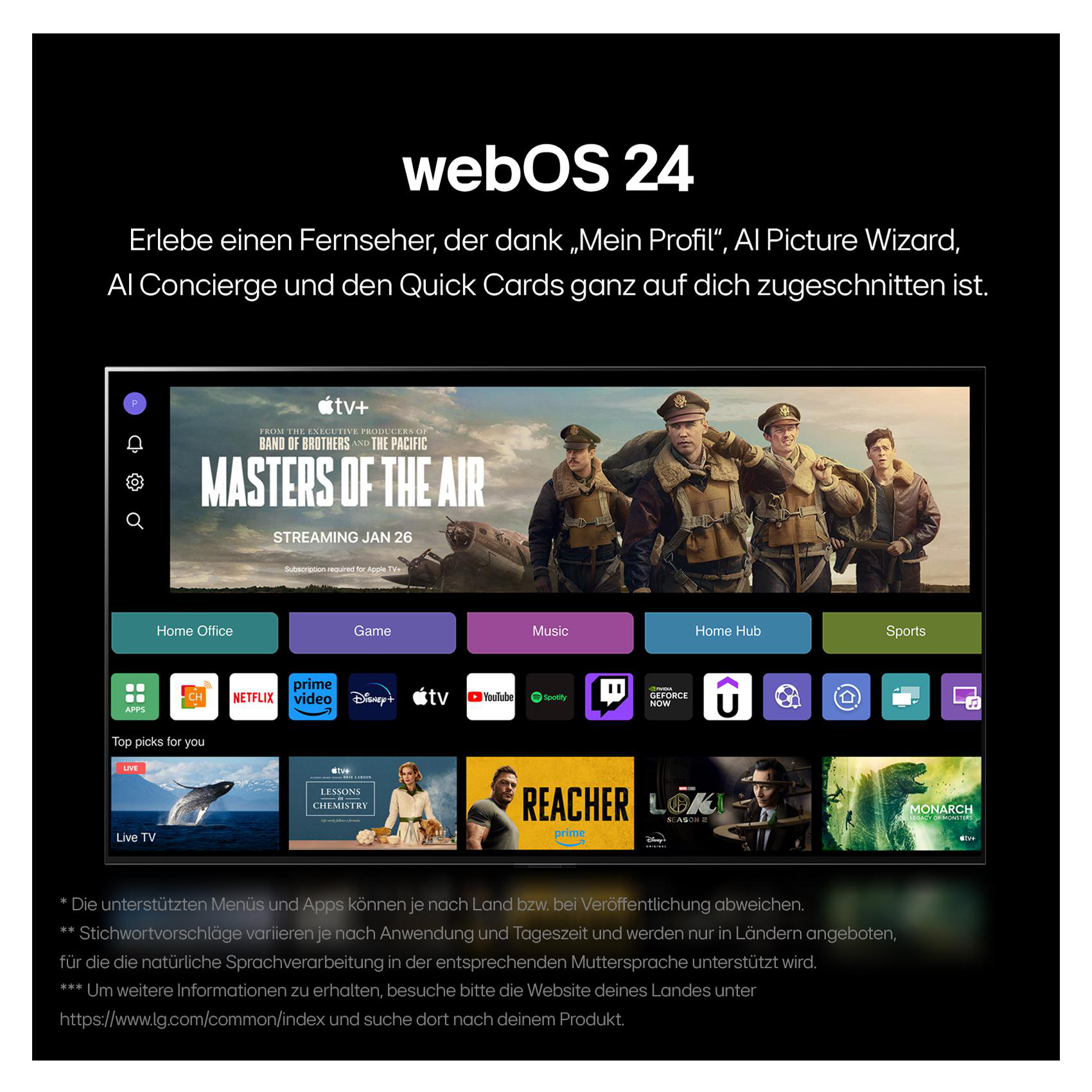 Fernsehbildschirm, der einen Film mit Schauspielern in Uniform zeigt. Das webOS-Logo ist sichtbar.