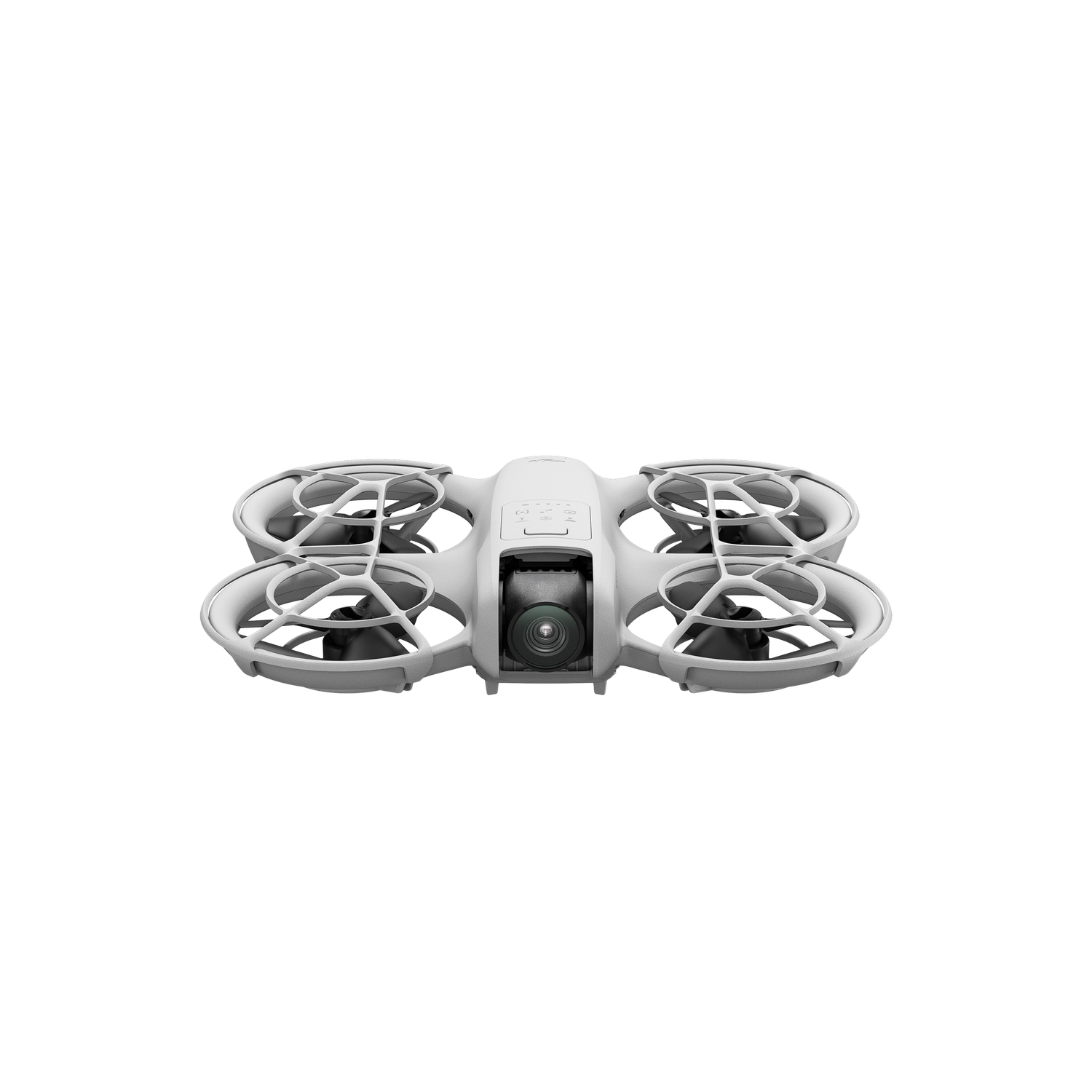 Un dron blanco con cuatro hélices y una cámara está centrado sobre un fondo negro.