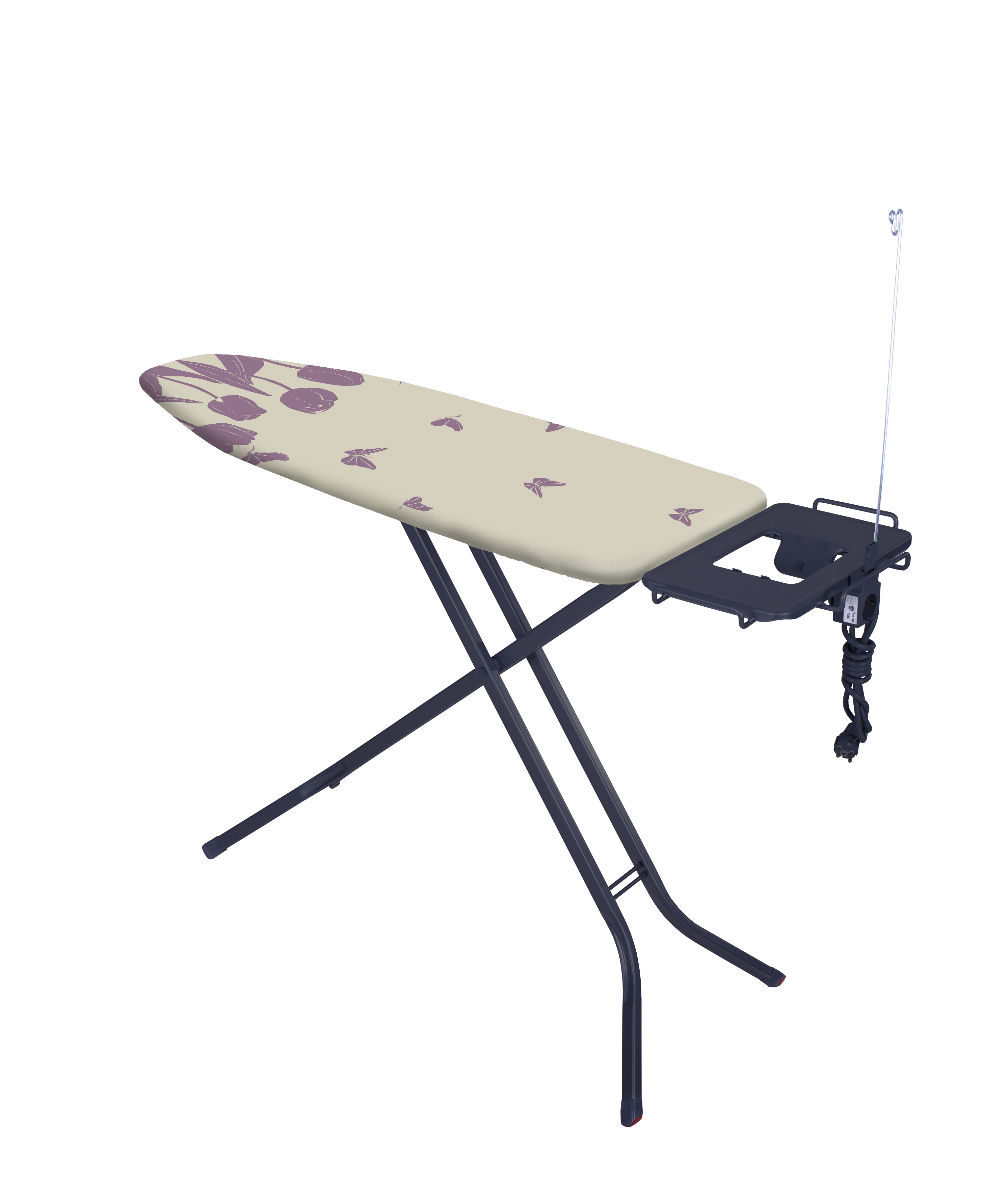 Deska do prasowania z kwiatowym wzorem, na czarnym tle.