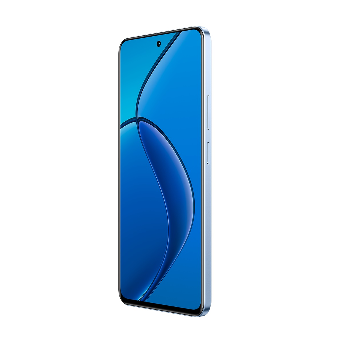 Mavi akıllı telefon. Ekran, mavi dalga tasarımı gösteriyor. Telefonun gümüş rengi çerçevesi var.