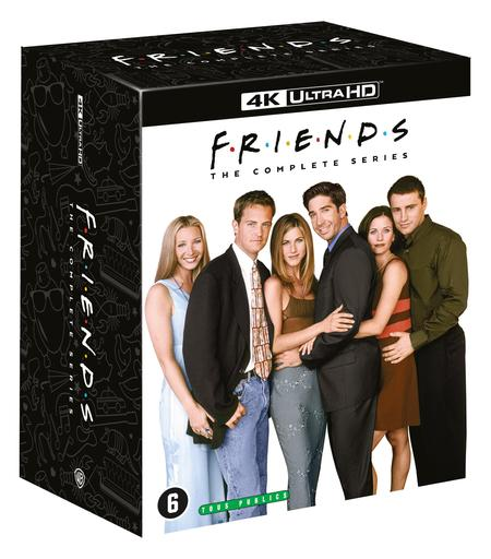 Friends: The Complete Series box set. Met de cast en titel op de doos. Zwarte achtergrond.