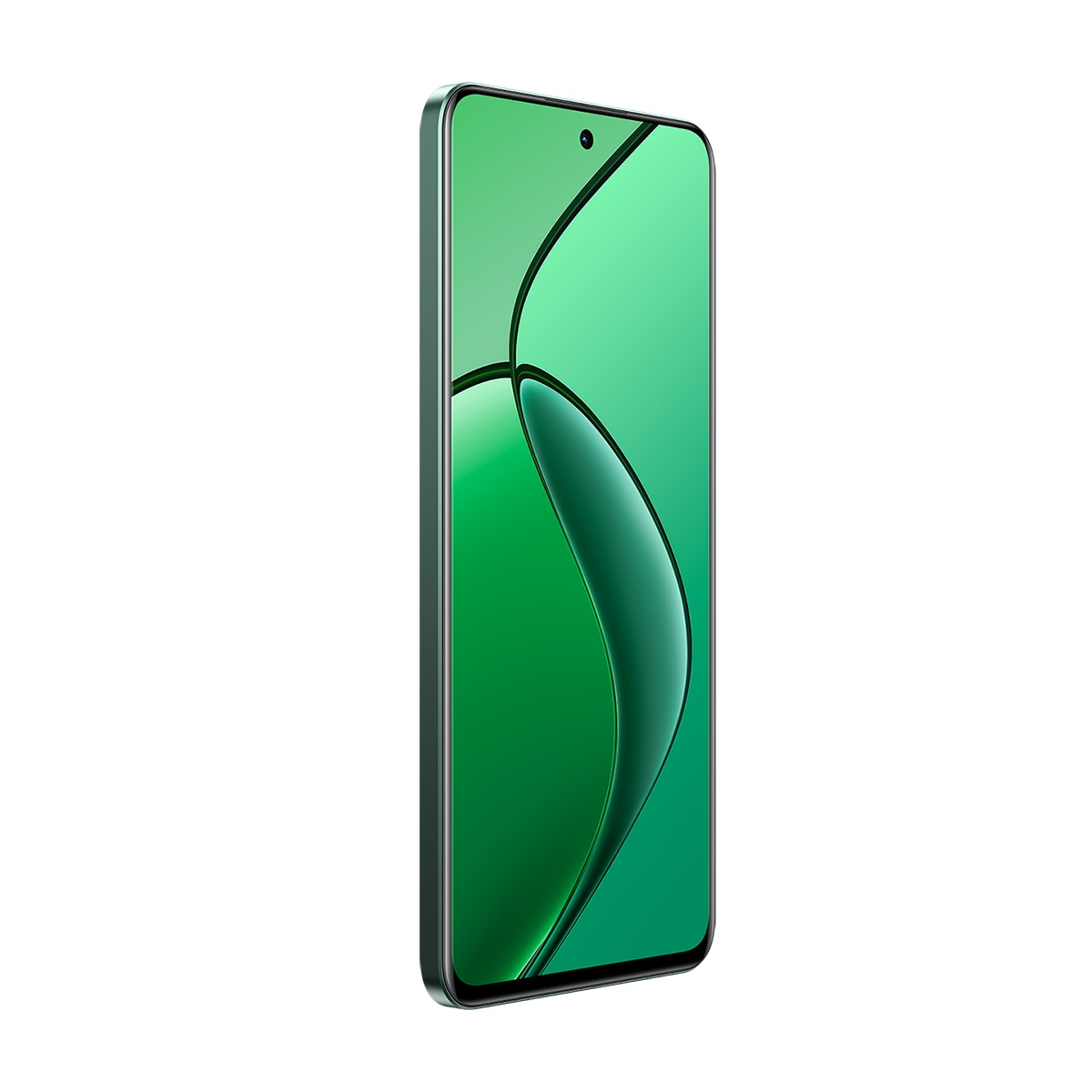 Kavisli ekranlı ve kamera modülüne sahip yeşil bir telefon, beyaz bir yüzeyde.
