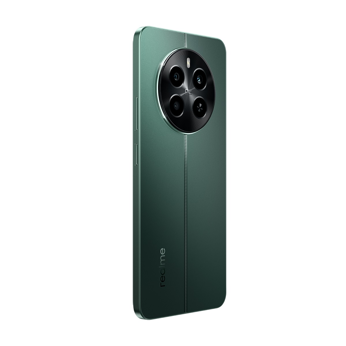 Yeşil akıllı telefon, dört arka kamera, dikey tasarım. Alt kısımda Realme logosu. Beyaz zemin.