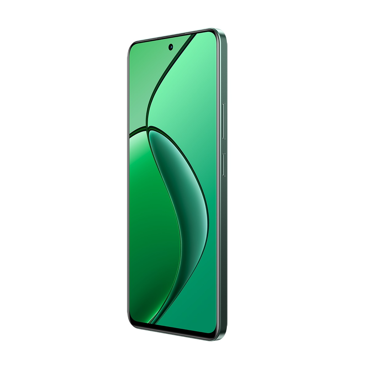 Yeşil akıllı telefon profilden. Kavisli ekranı ve yeşil metal çerçevesi var.