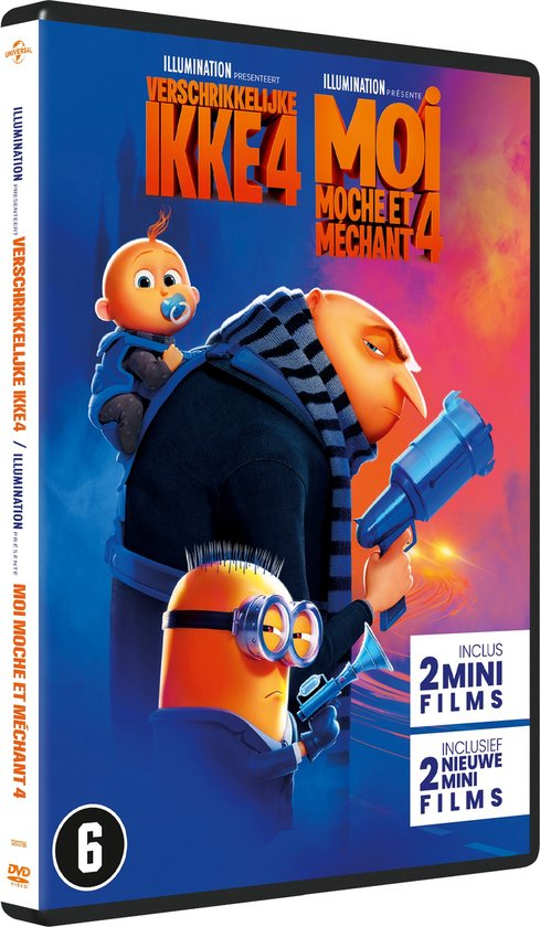 Movie DVD cover. Despicable Me 4 in multiple languages, featuring Gru, minions, and baby.