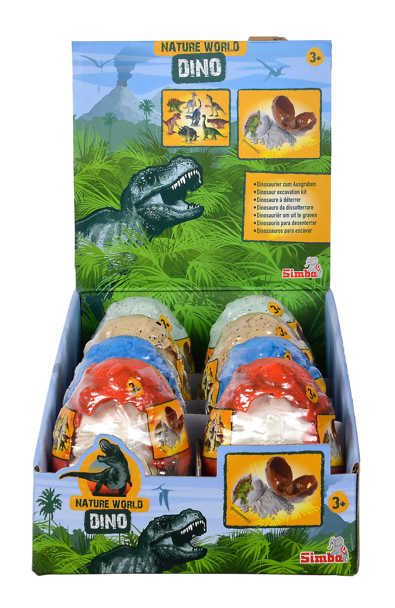 Eine Displaybox mit Dinosaurier-Ei-Spielzeug. Die Box ist grün, mit Dinosaurier-Bildern und Text.