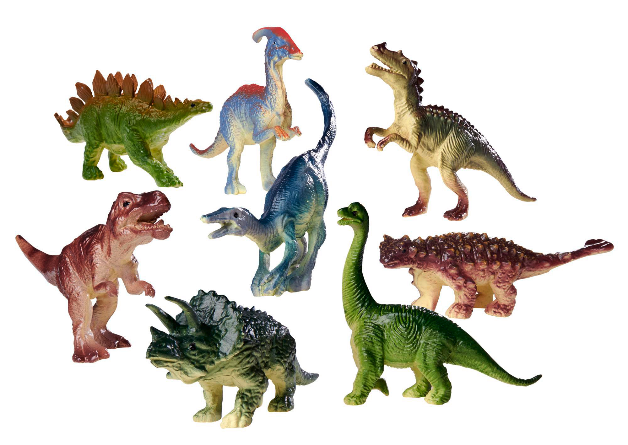 Eine Sammlung von Spielzeugdinosauriern in verschiedenen Farben und Formen auf weißem Hintergrund.